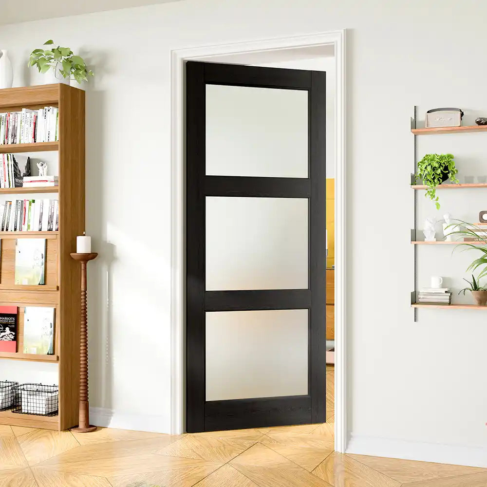 TENONER Black MDF 3-Lite Frosted Glass Interior Bedroom Door