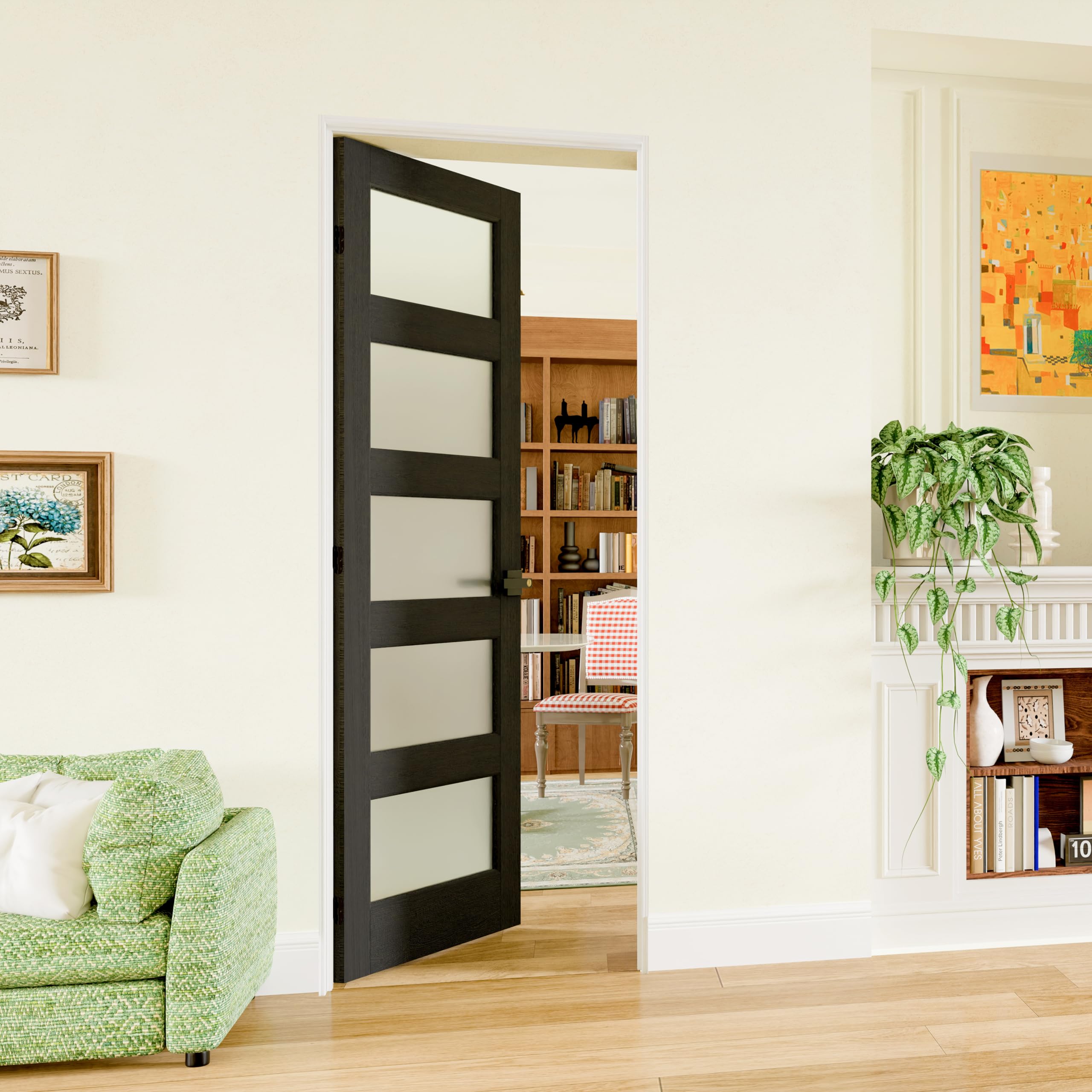 TENONER Black MDF 5-Lite Frosted Glass Interior Door Slab for Living Room, Bedroom, Hallway
