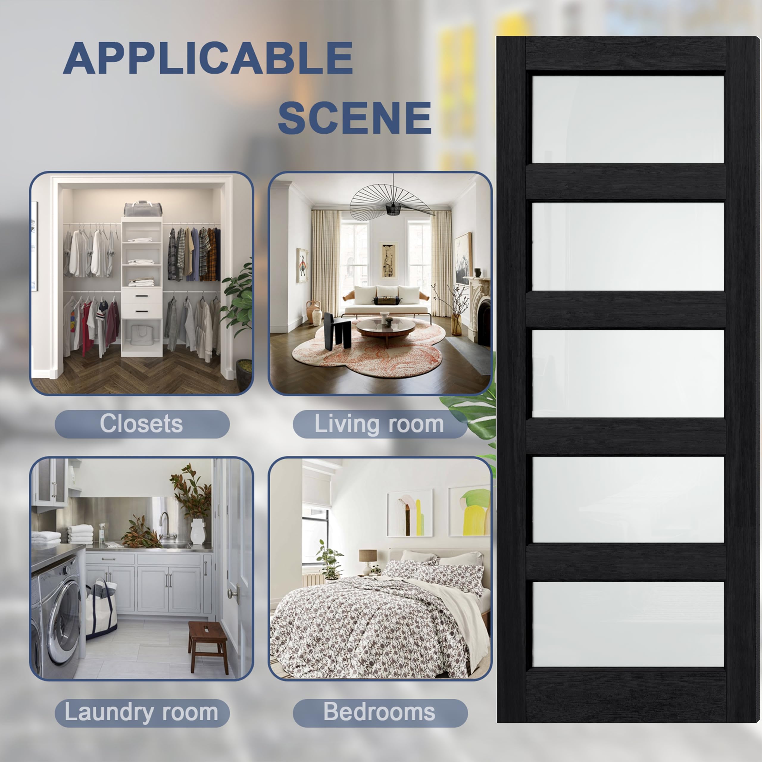 TENONER Black MDF 5-Lite Frosted Glass Interior Door Slab for Living Room, Bedroom, Hallway