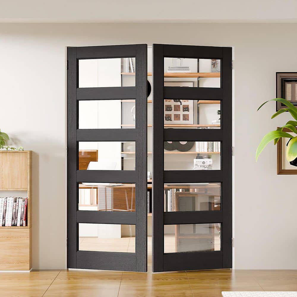 TENONER Black MDF 5-Lite Clear Glass Slab / Prehung Interior French Door