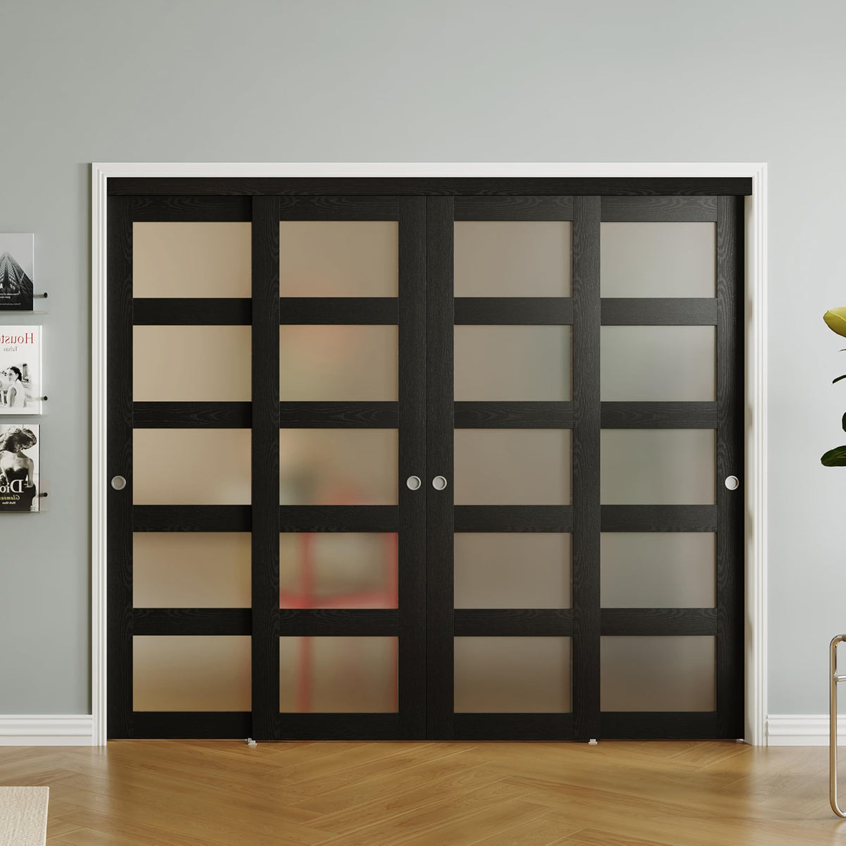 TENONER Black MDF 5-Lite Frosted Glass Closet Doors with Hardware Kit