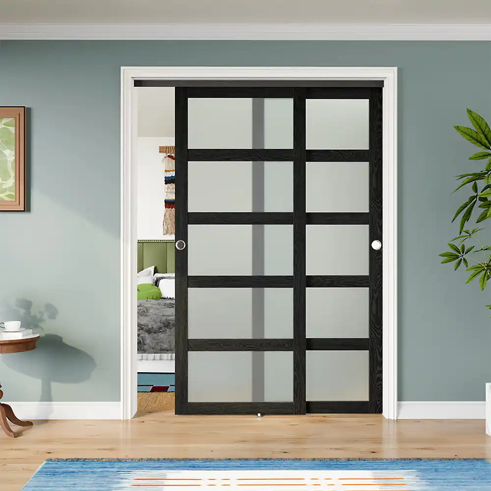 TENONER Black MDF 5-Lite Frosted Glass Closet Doors with Hardware Kit