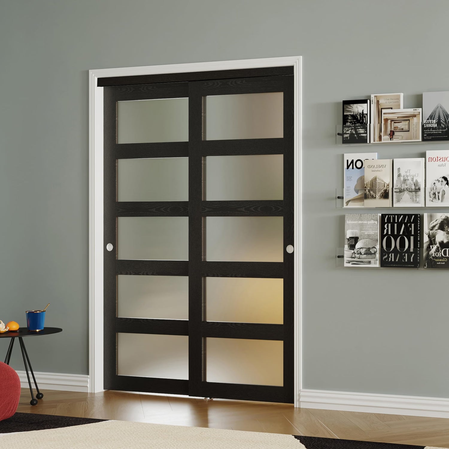 TENONER Black MDF 5-Lite Frosted Glass Closet Doors with Hardware Kit