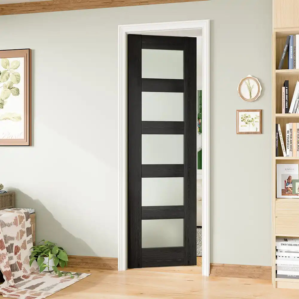 TENONER Black MDF 5-Lite Frosted Glass Interior Door Slab for Living Room, Bedroom, Hallway