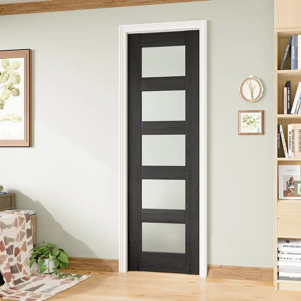 TENONER Black MDF 5-Lite Frosted Glass Interior Door Slab for Living Room, Bedroom, Hallway