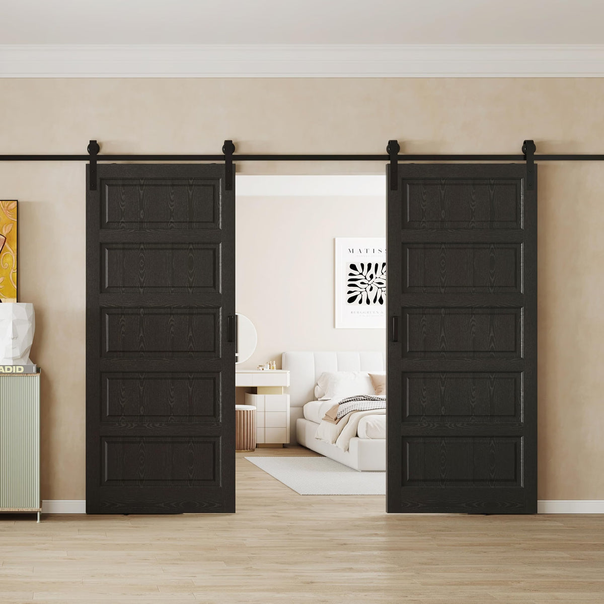 TENONER Black MDF Modern 5-Panel Waterproof PVC Surface Sliding Barn Door with Hardware