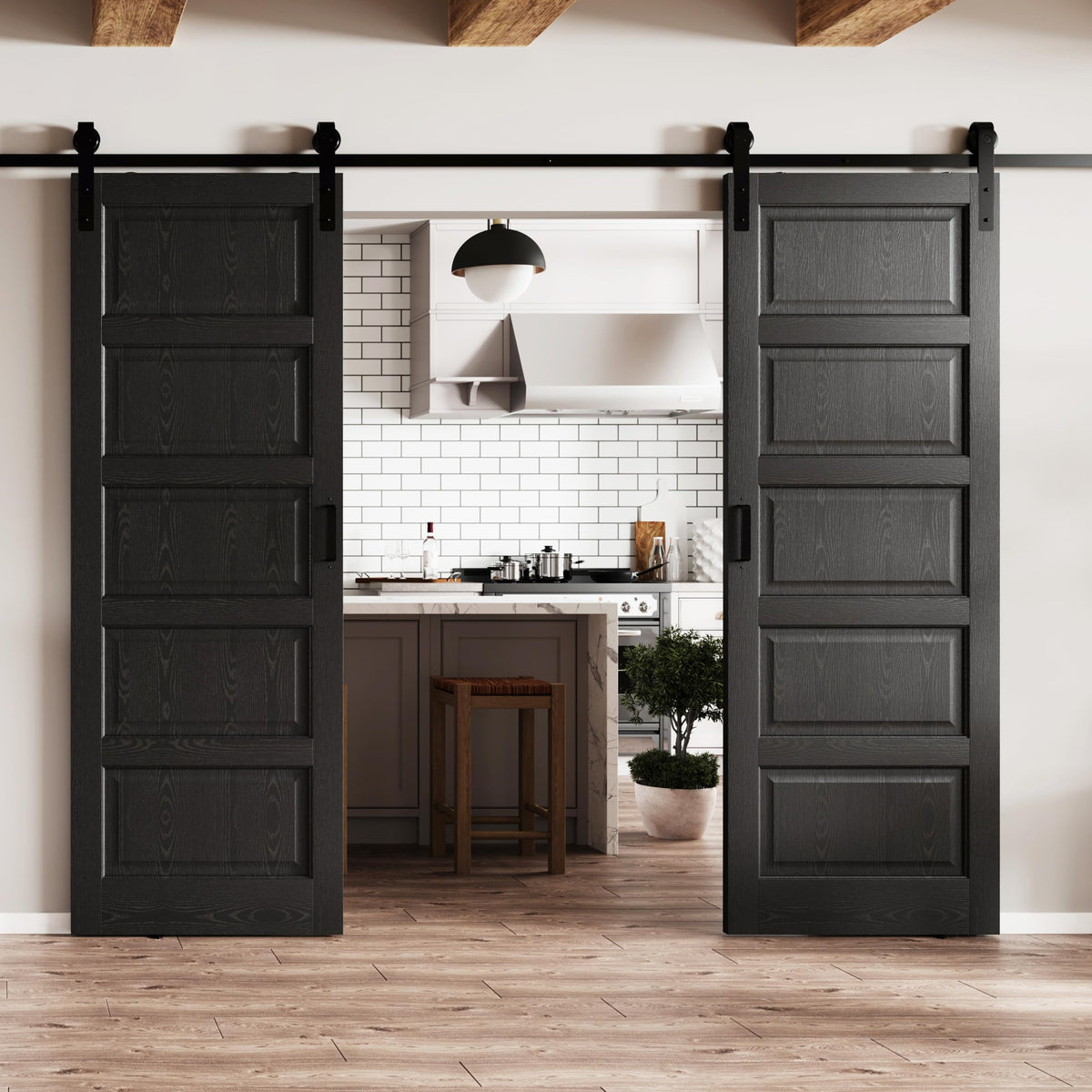 TENONER Black MDF Modern 5-Panel Waterproof PVC Surface Sliding Barn Door with Hardware