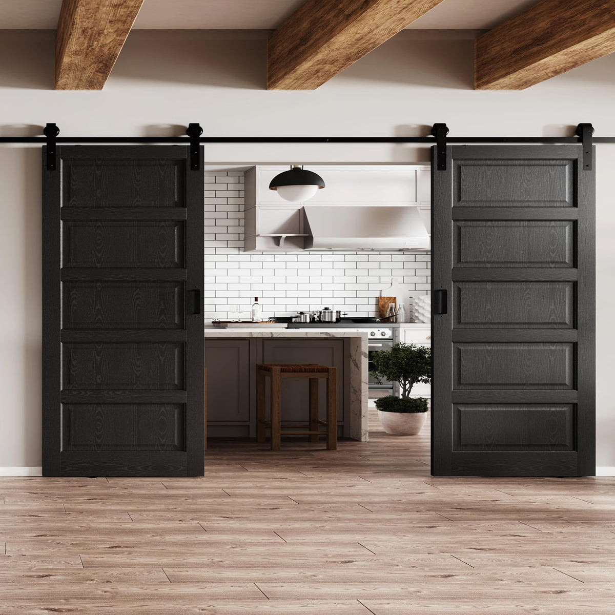 TENONER Black MDF Modern 5-Panel Waterproof PVC Surface Sliding Barn Door with Hardware