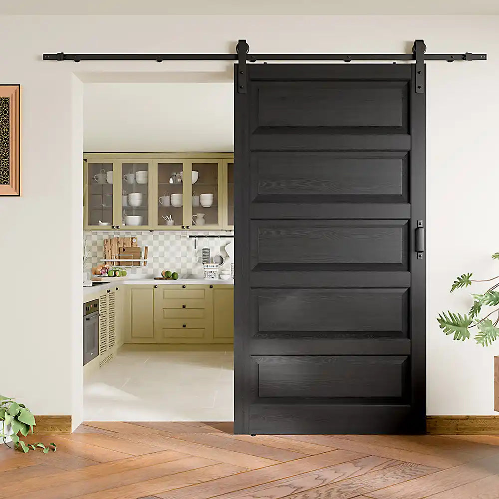 TENONER Black MDF Modern 5-Panel Waterproof PVC Surface Sliding Barn Door with Hardware
