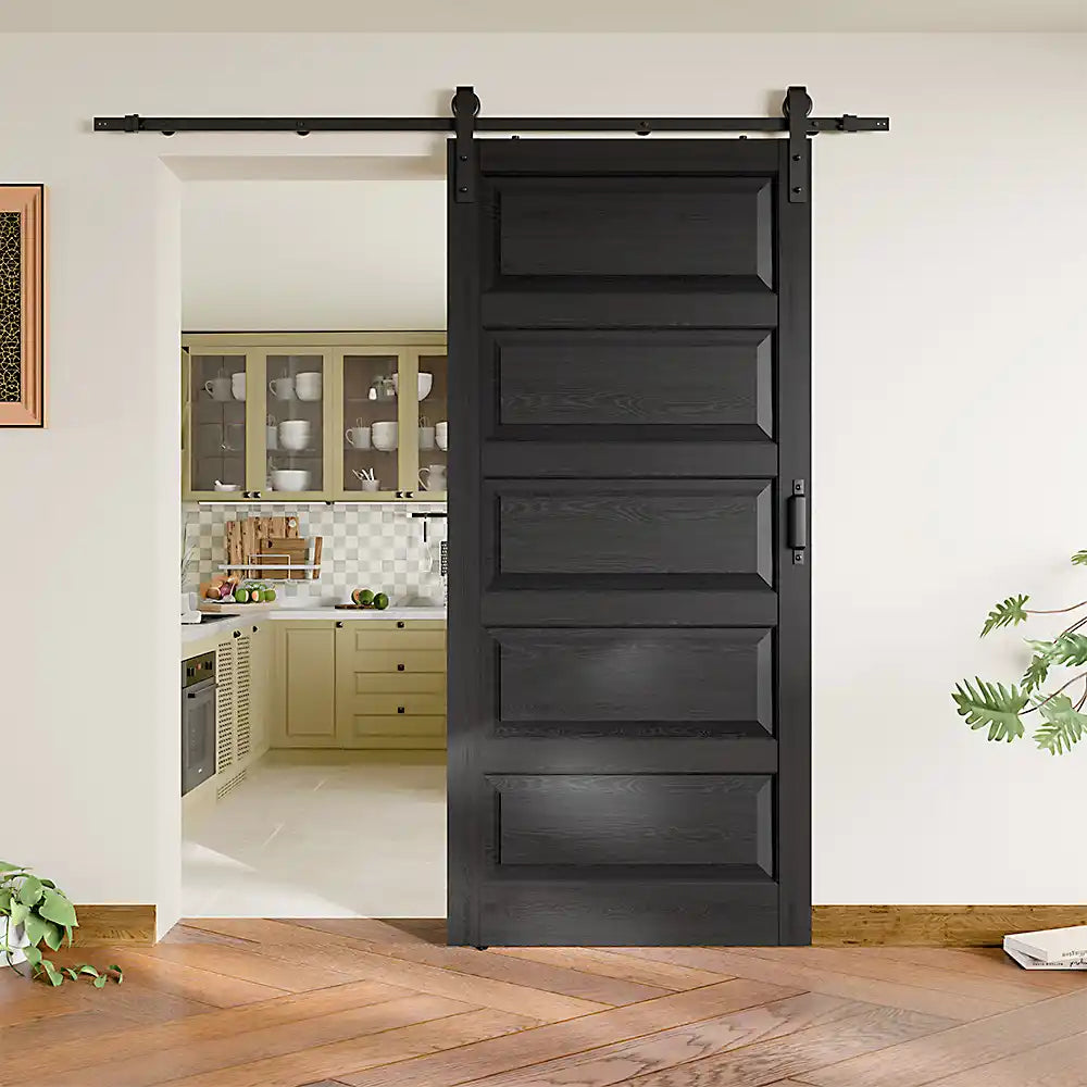 TENONER Black MDF Modern 5-Panel Waterproof PVC Surface Sliding Barn Door with Hardware