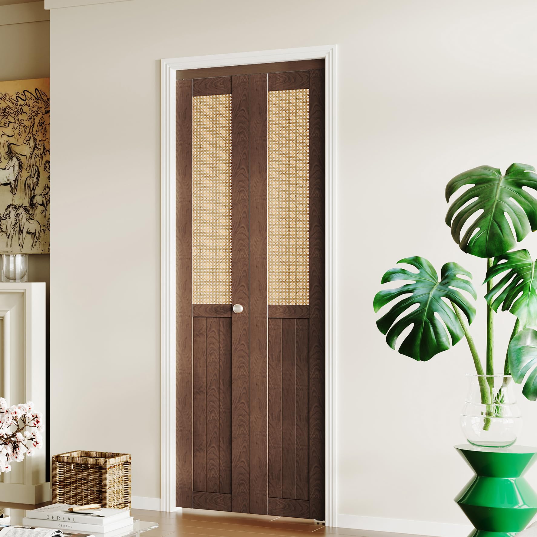TENONER Brown MDF Webbing & Wood Bi-fold Doors with Hardware