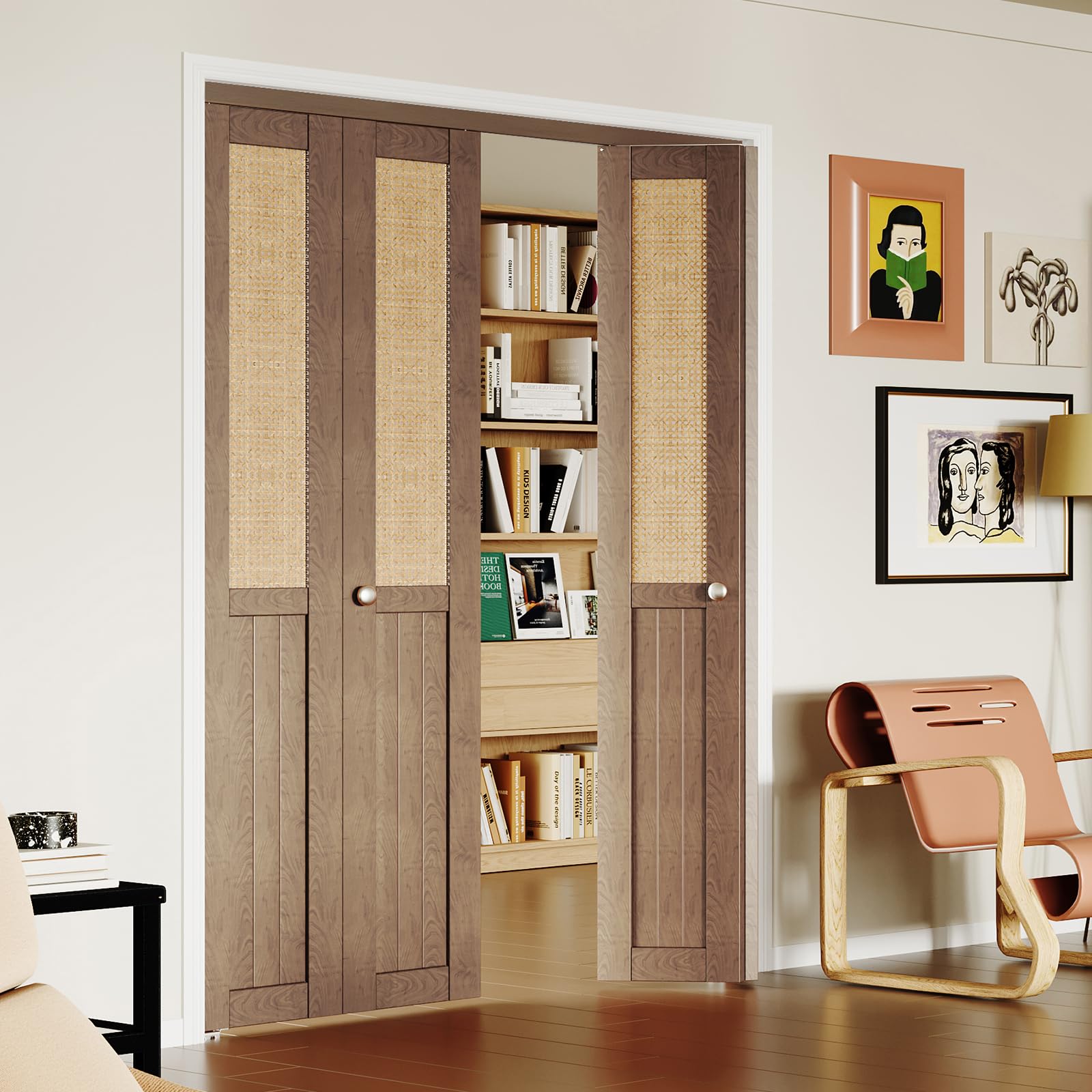 TENONER Brown MDF Webbing & Wood Bi-fold Doors with Hardware