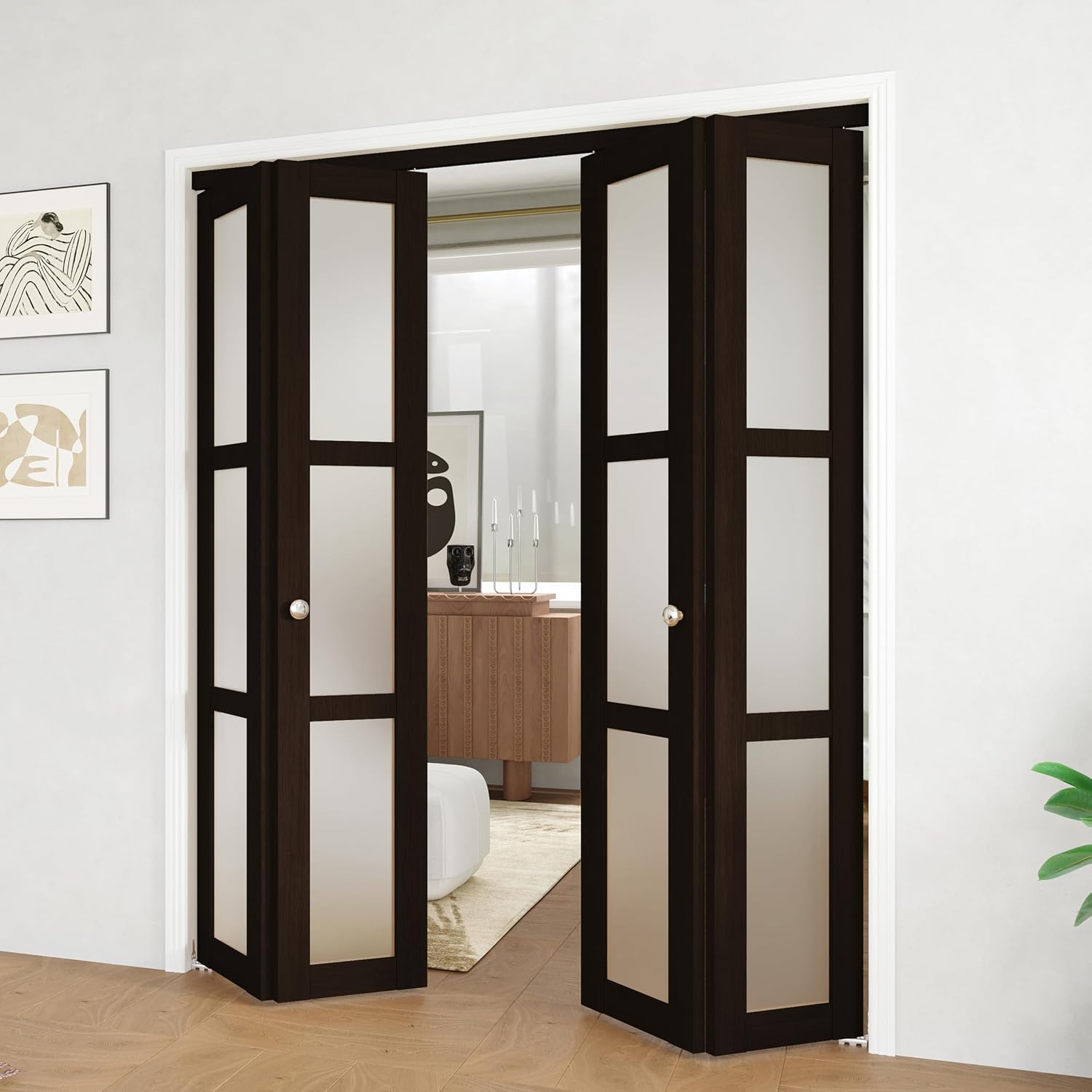 TENONER Dark Brown MDF 3-lite Tempered Frosted Glass Bifold Door with Hardware Kit