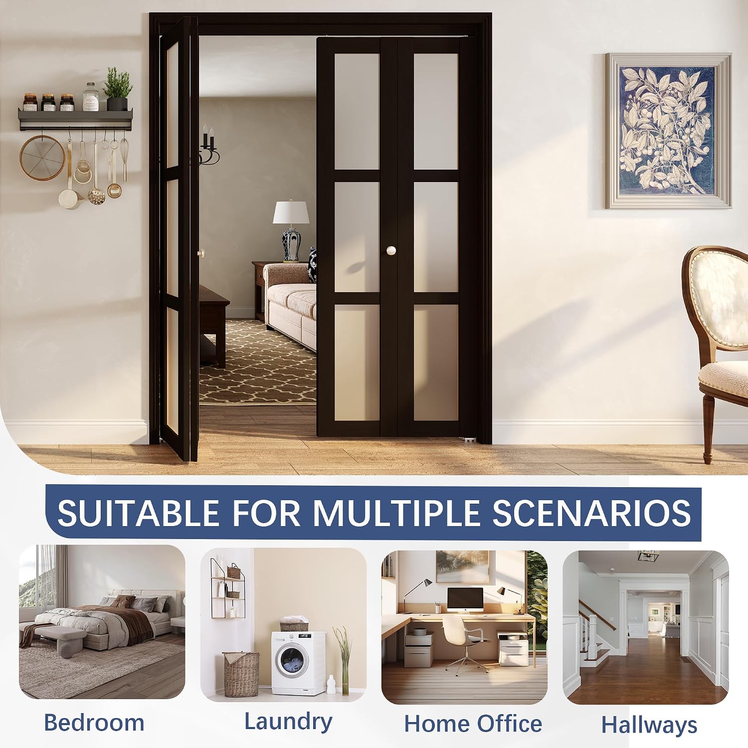 TENONER Dark Brown MDF 3-lite Tempered Frosted Glass Bifold Door with Hardware Kit