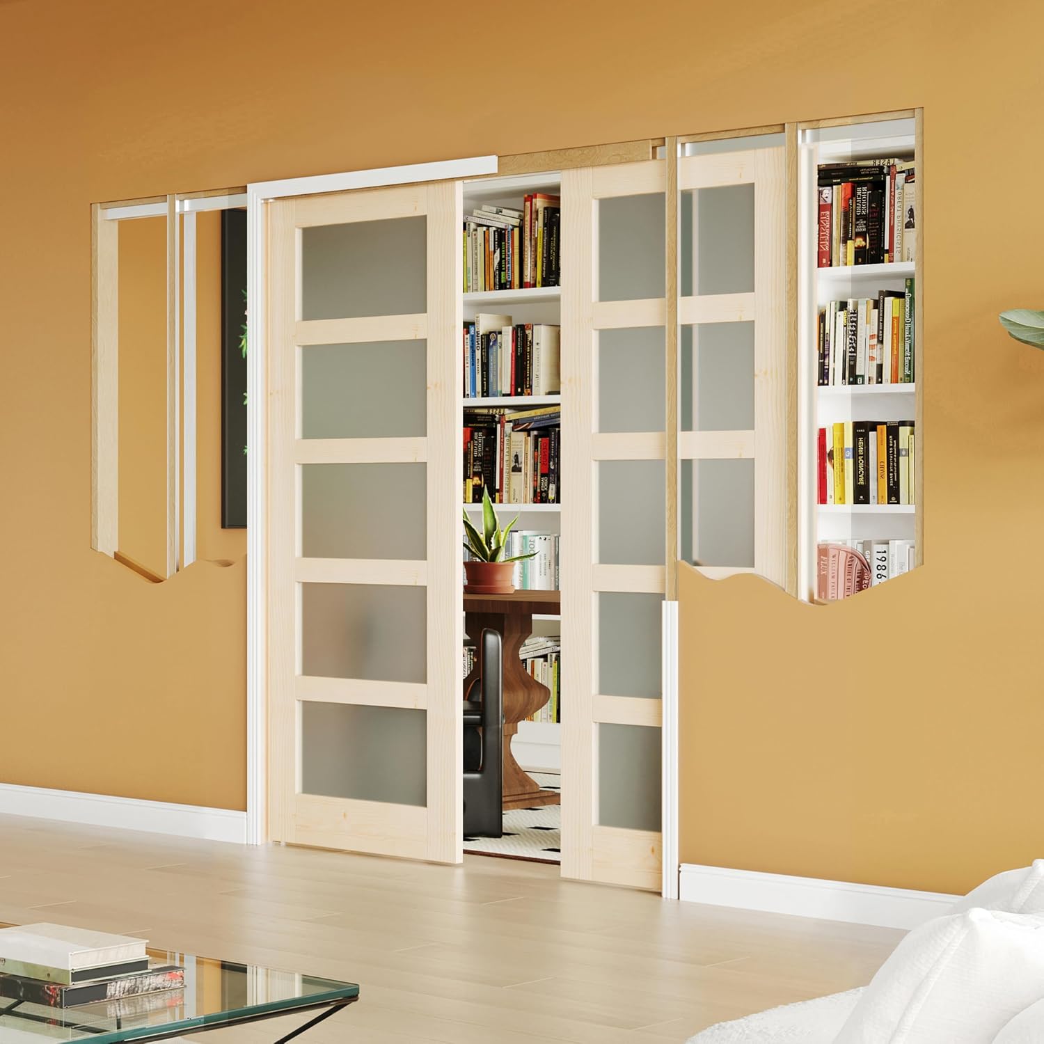 TENONER Pine Wood 5-Lite Frosted Glass Pocket Door with Hardware for Bedroom, Bathroom, Closet