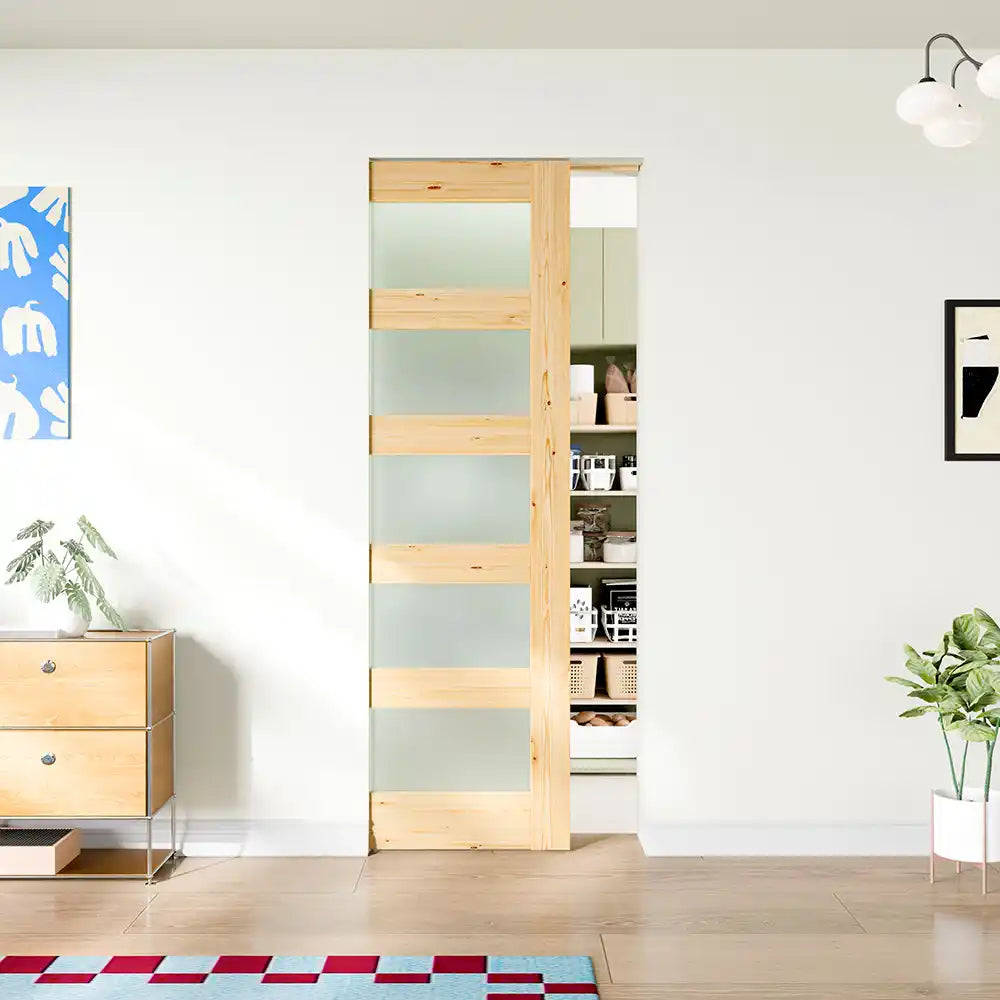 TENONER Pine Wood 5-Lite Frosted Glass Pocket Door with Hardware & Soft Closefor Bedroom, Bathroom, Closet