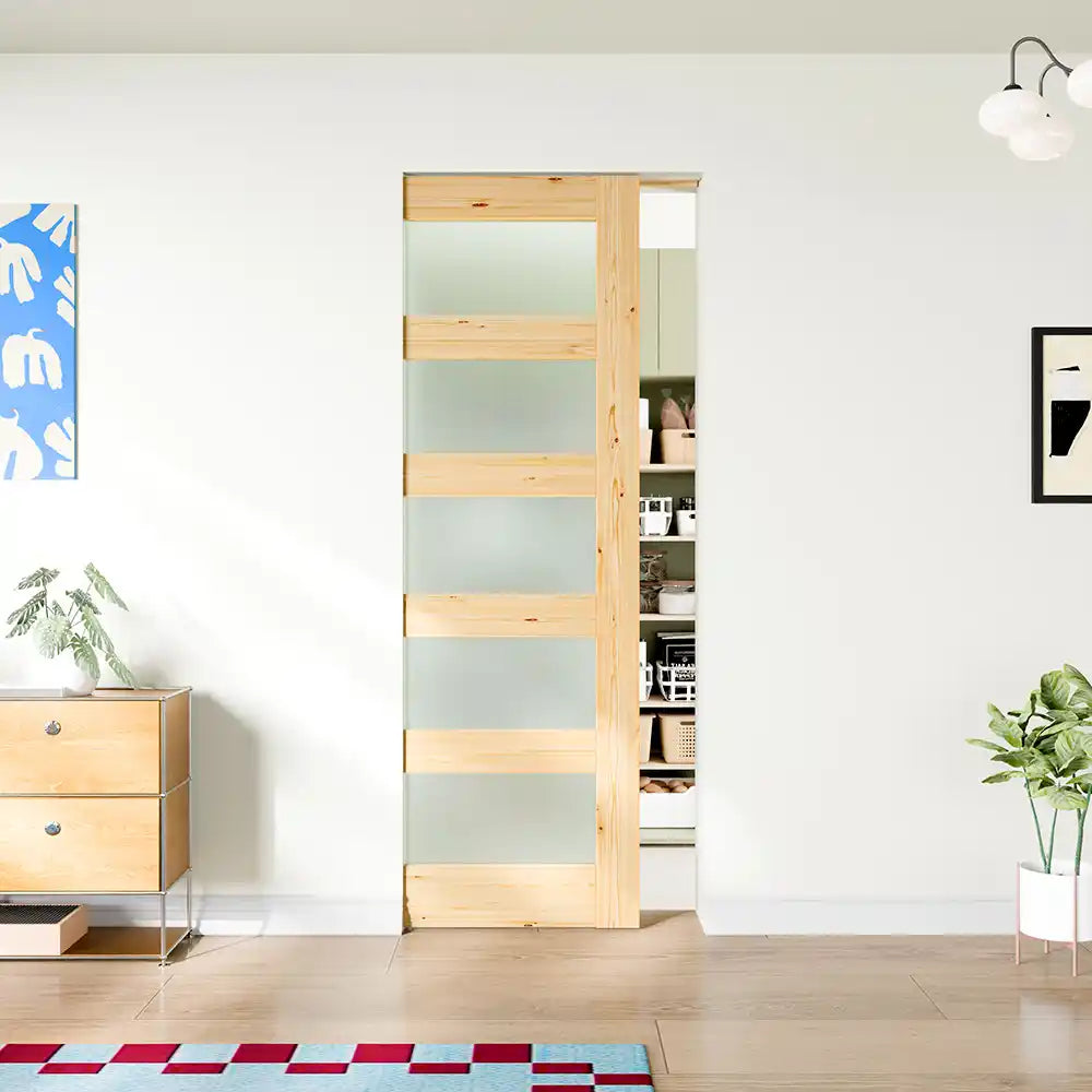 TENONER Pine Wood 5-Lite Frosted Glass Pocket Door with Hardware & Soft Closefor Bedroom, Bathroom, Closet