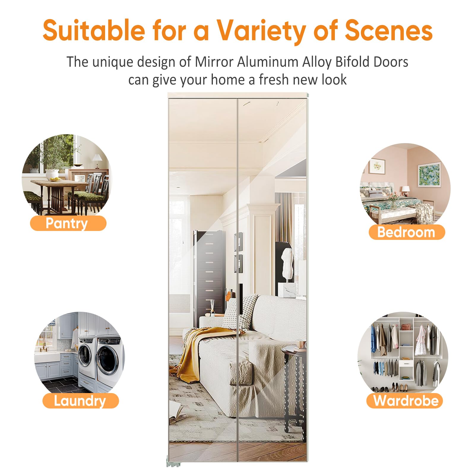 TENONER Silver Aluminum Frame Mirrored Glass Bi-Fold Interior Door for Closet, Bedroom, Laundry Room - Brightening Effect, Perfect for Dressing Design with Hardware Kits