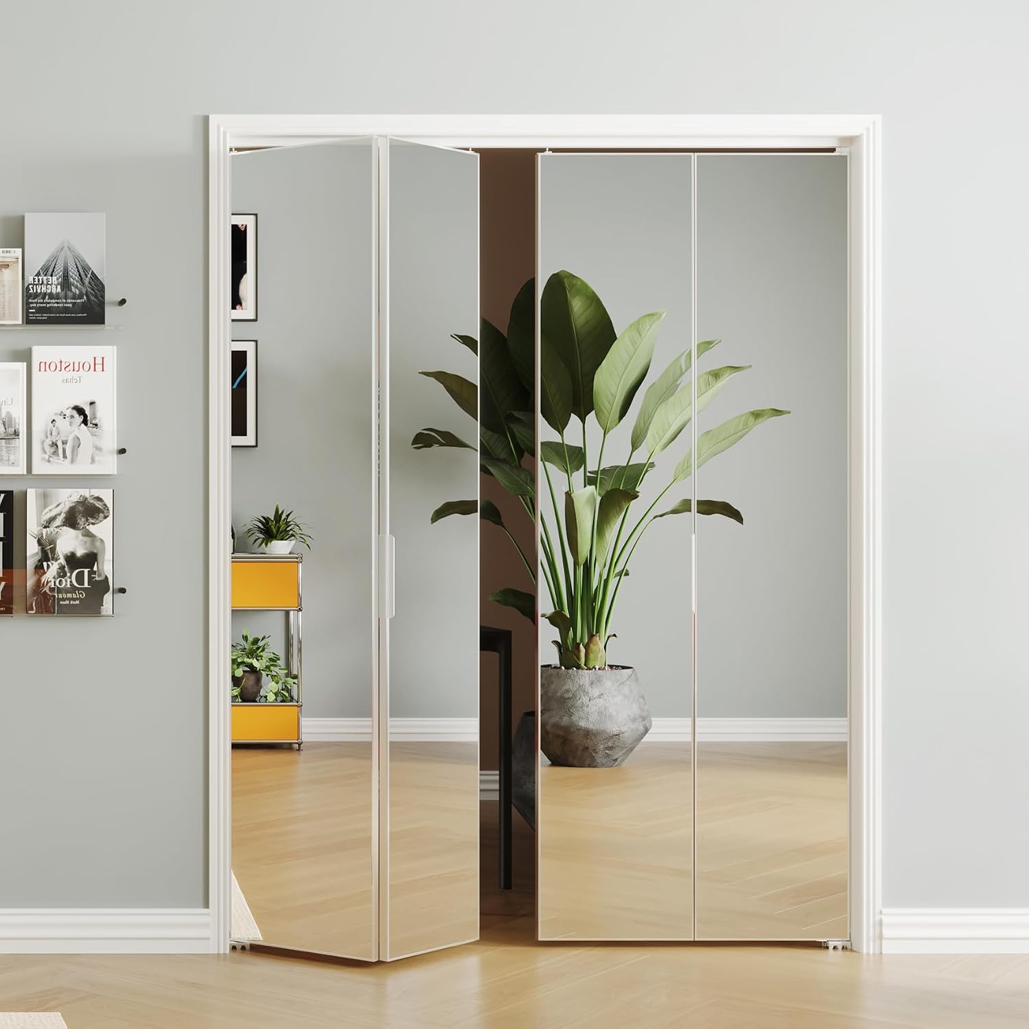 TENONER Silver Aluminum Frame Mirrored Glass Bi-Fold Interior Door for Closet, Bedroom, Laundry Room - Brightening Effect, Perfect for Dressing Design with Hardware Kits