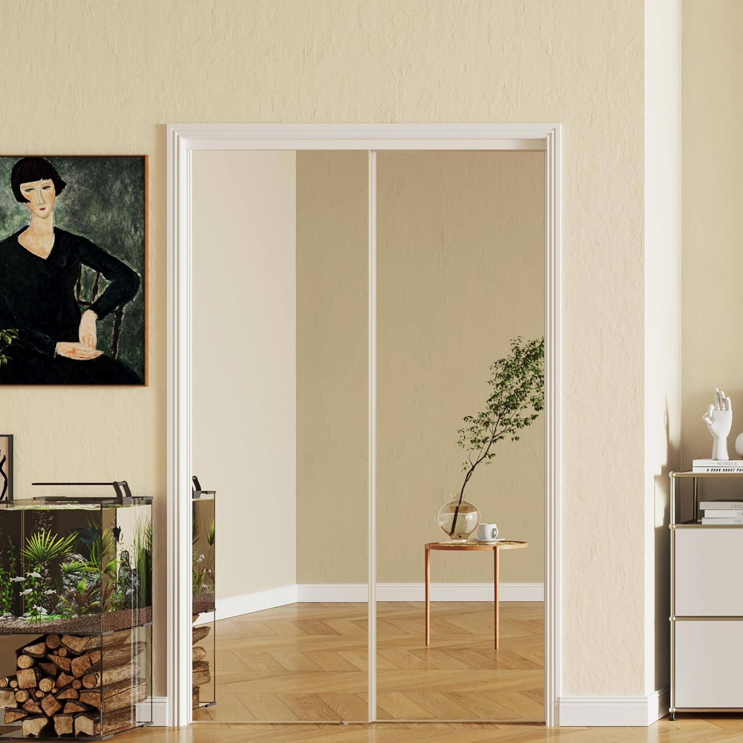 TENONER Silver Aluminum Frame Mirrored Sliding Closet Door for Bedroom, Closet, and Living Room - Space-Saving, Durable