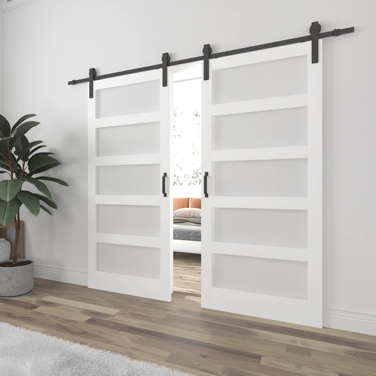 TENONER White 5-Panel Frosted Glass Sliding Barn Door | MDF Door Panel, Waterproof Surface