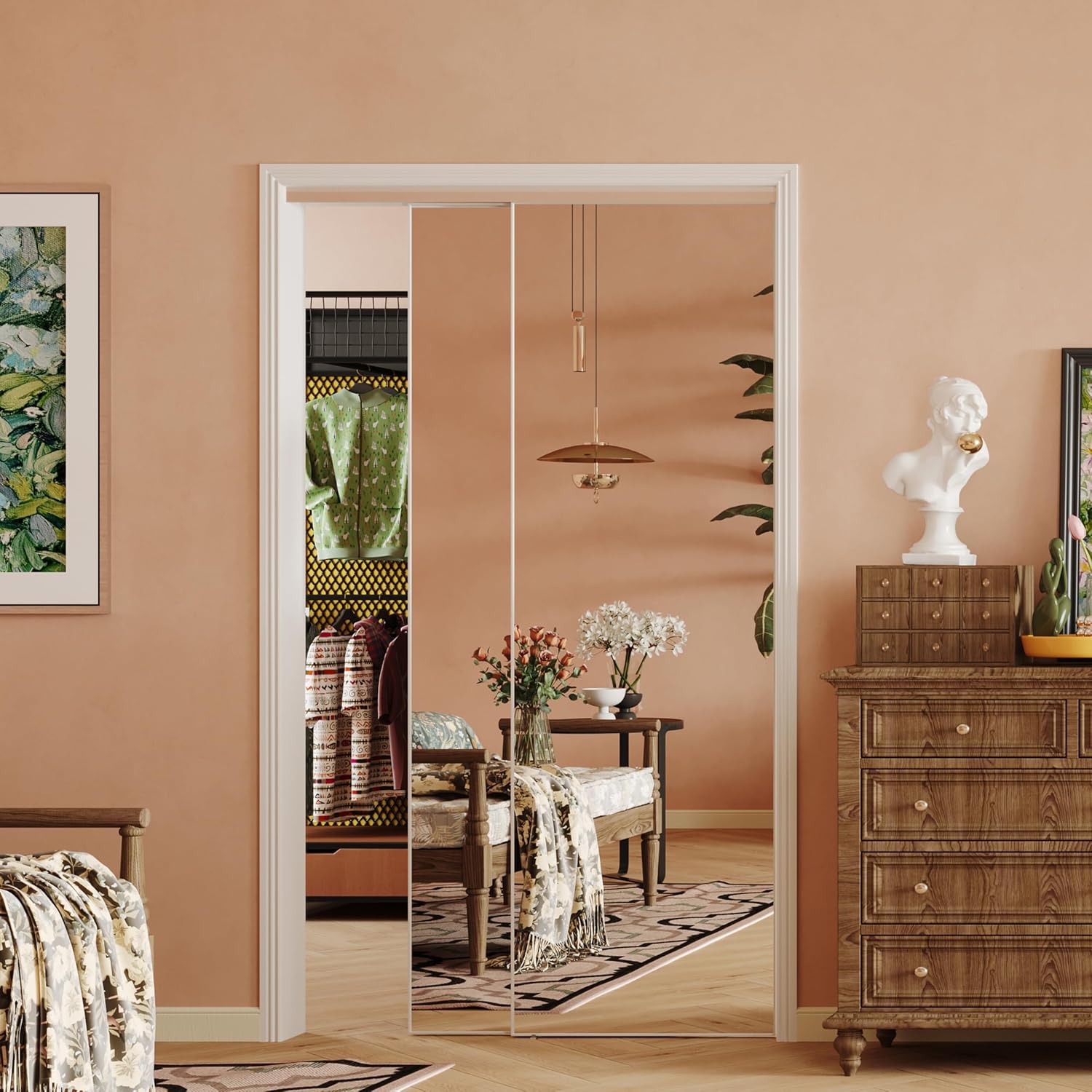 TENONER White Aluminum Frame Mirrored Sliding Closet Door for Bedroom, Closet, and Living Room - Space-Saving, Durable