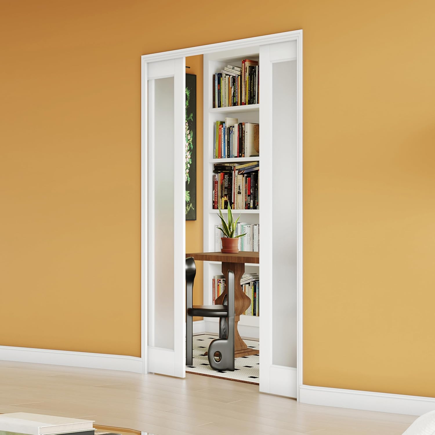 TENONER White  Border 1-Lite Frosted Glass Sliding Pocket Door with Soft Close