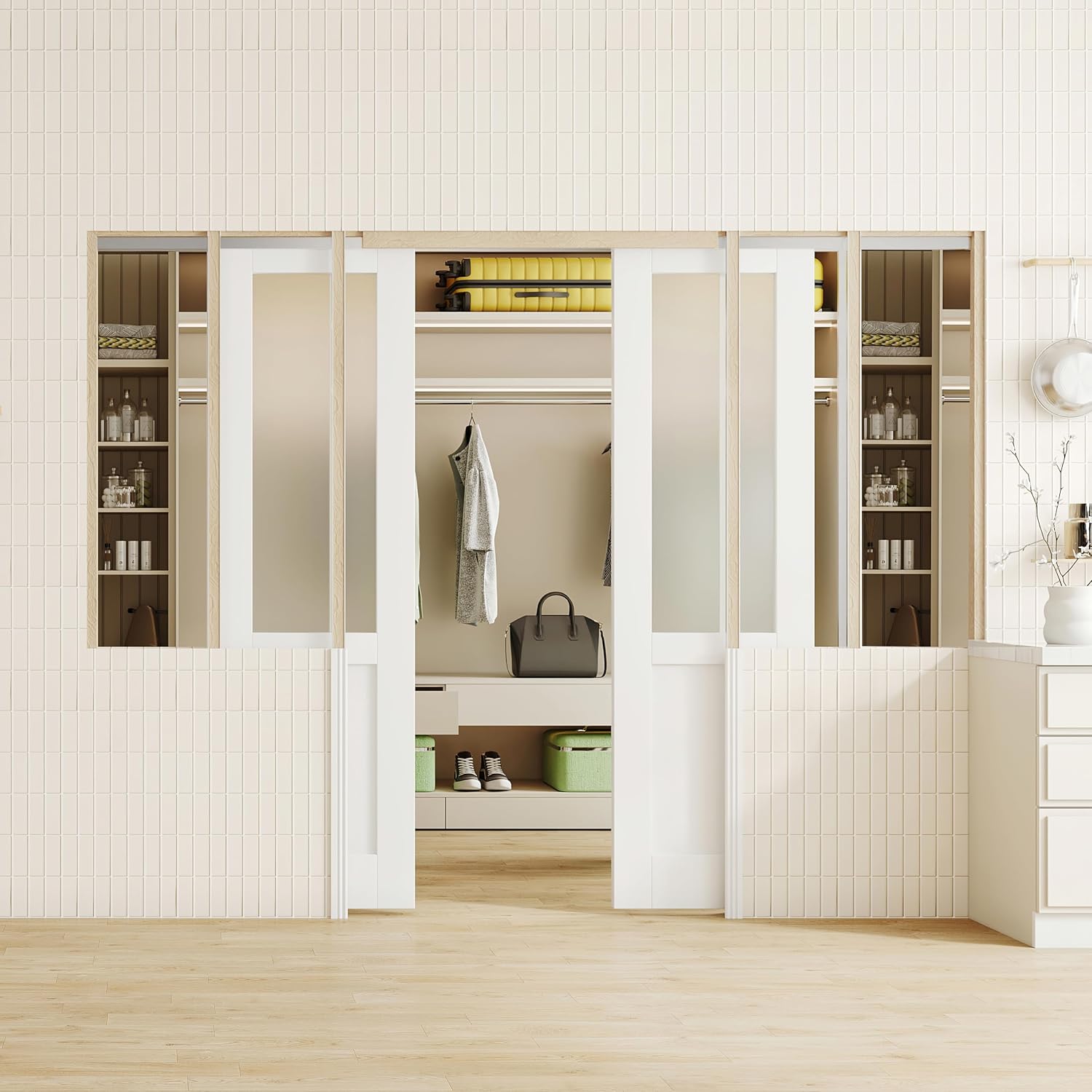 TENONER White Half Frosted Glass Half MDF Sliding Pocket Door with Hardware & Soft Close