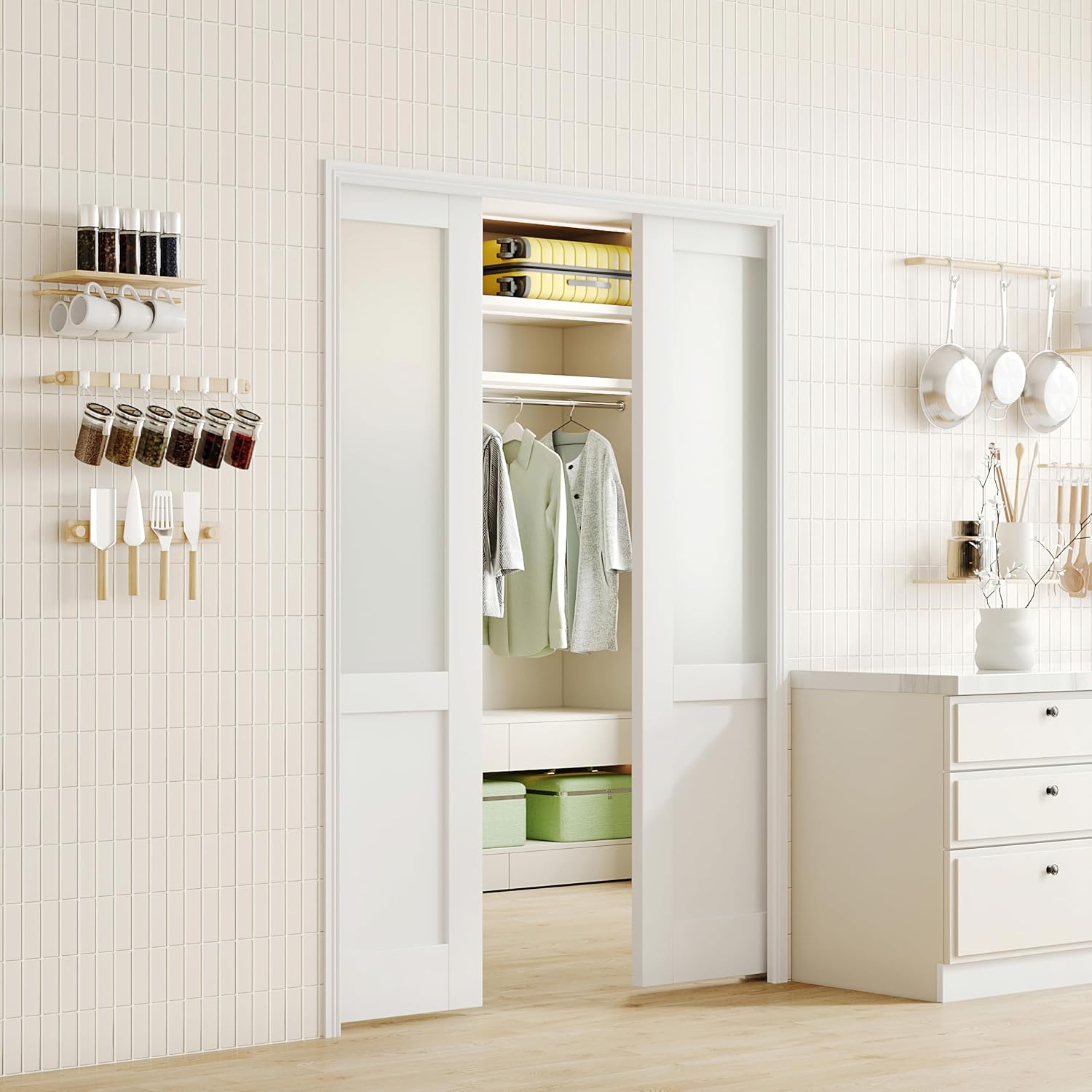 TENONER White Half Frosted Glass Half MDF Sliding Pocket Door with Hardware & Soft Close