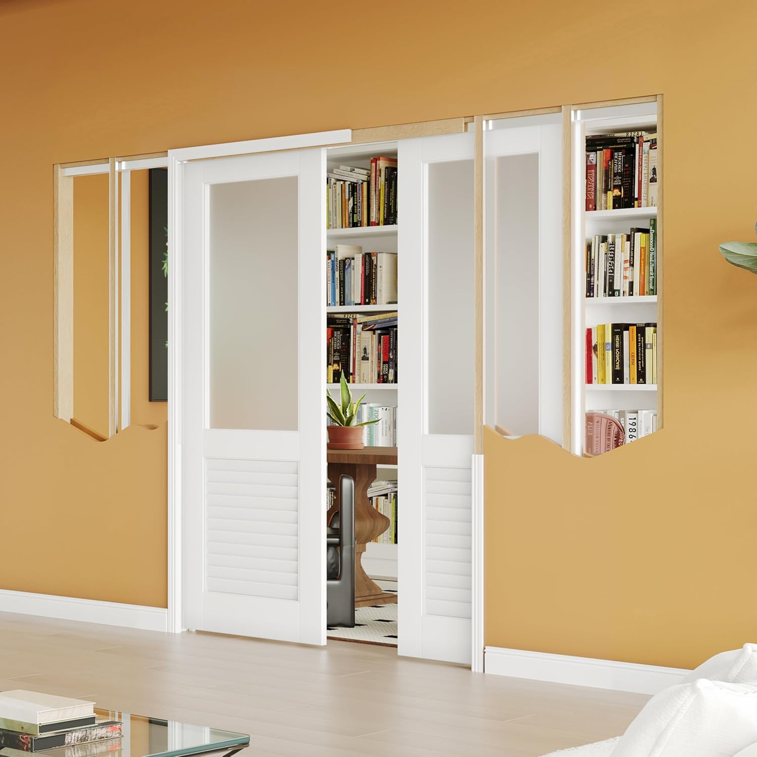 TENONER White Half Lite Frosted Glass and Half Louver Sliding Pocket Door with Hardware