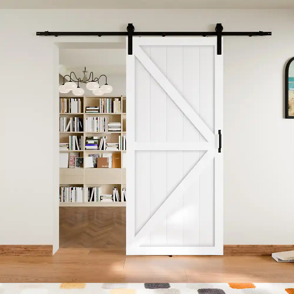 TENONER White Primed Finished K Design Solid Core MDF Sliding Barn Door with Hardware