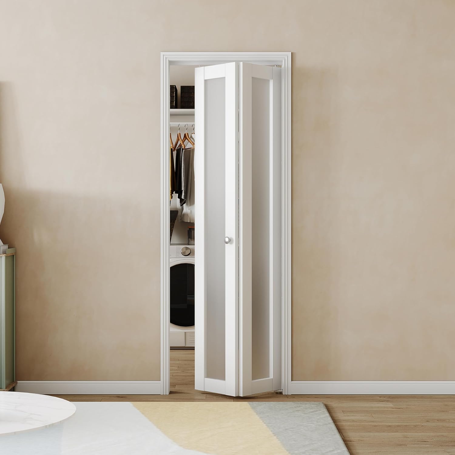 TENONER White MDF 1-Lite Frosted Glass Bi-Fold Door for Closet, Bathroom, Bedroom - Privacy Protection , Water-Resistant with Hardware Kits