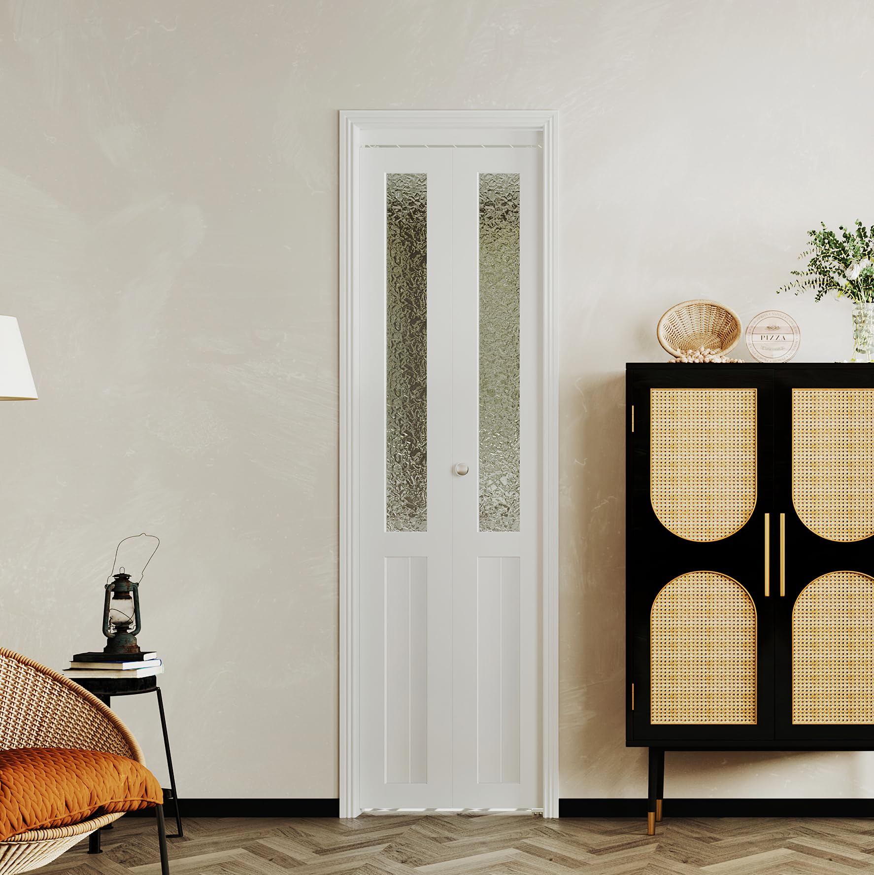 TENONER White MDF 1/2-Lite Hammered Glass Bi-Fold Door for Closet, Laundry Room, Bedroom - Water-Resistant and Space-Saving