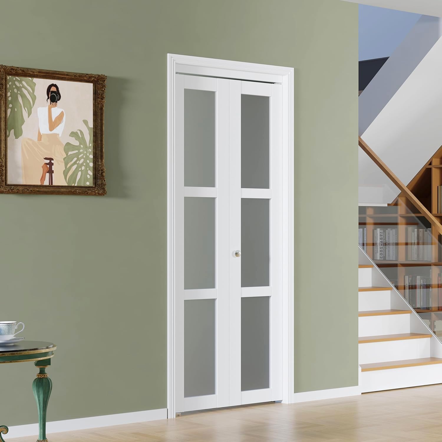 TENONER White MDF 3-Lite Frosted Glass Bi-Fold Door for Closet, Laundry Room, Bathroom - Space-Saving with Hardware Kits