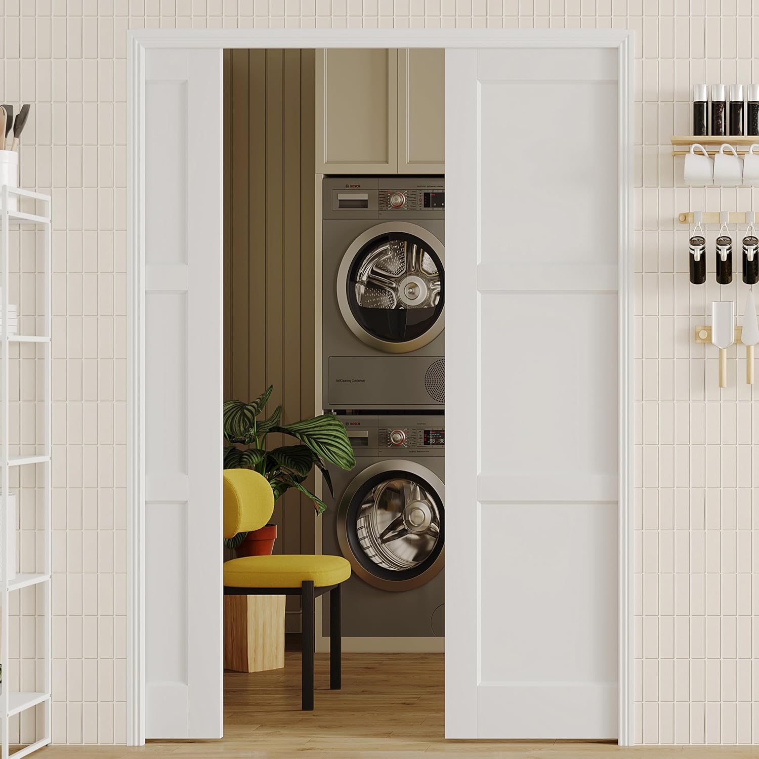 TENONER White MDF 3-Panel Sliding Pocket Door for Bedroom, Closet, Pantry with Hardware Kit & Soft Close