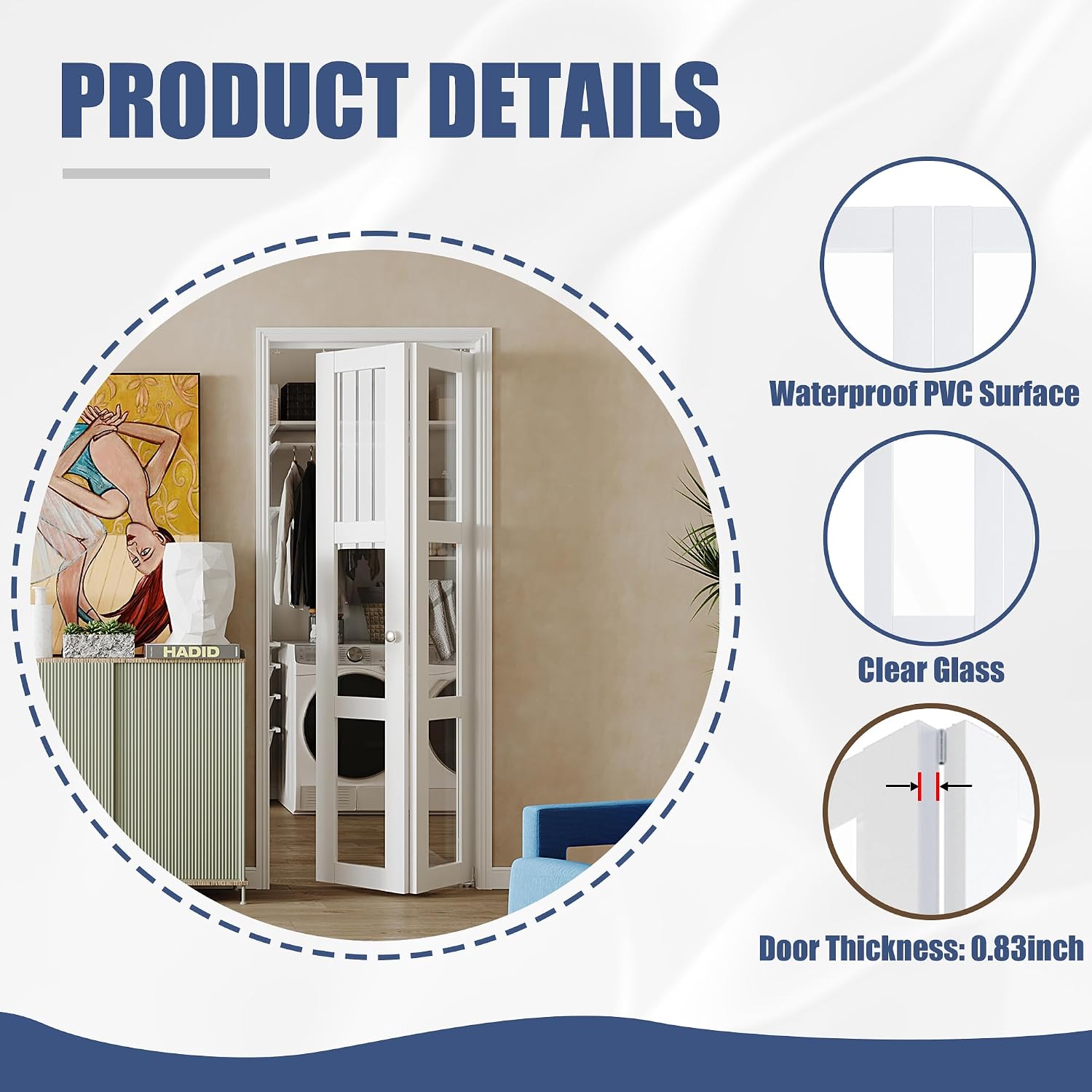 TENONER White MDF 3-Lite Clear Glass Bi-Fold Door for Closet, Laundry Room, Bathroom - Space-Saving with Hardware Kits