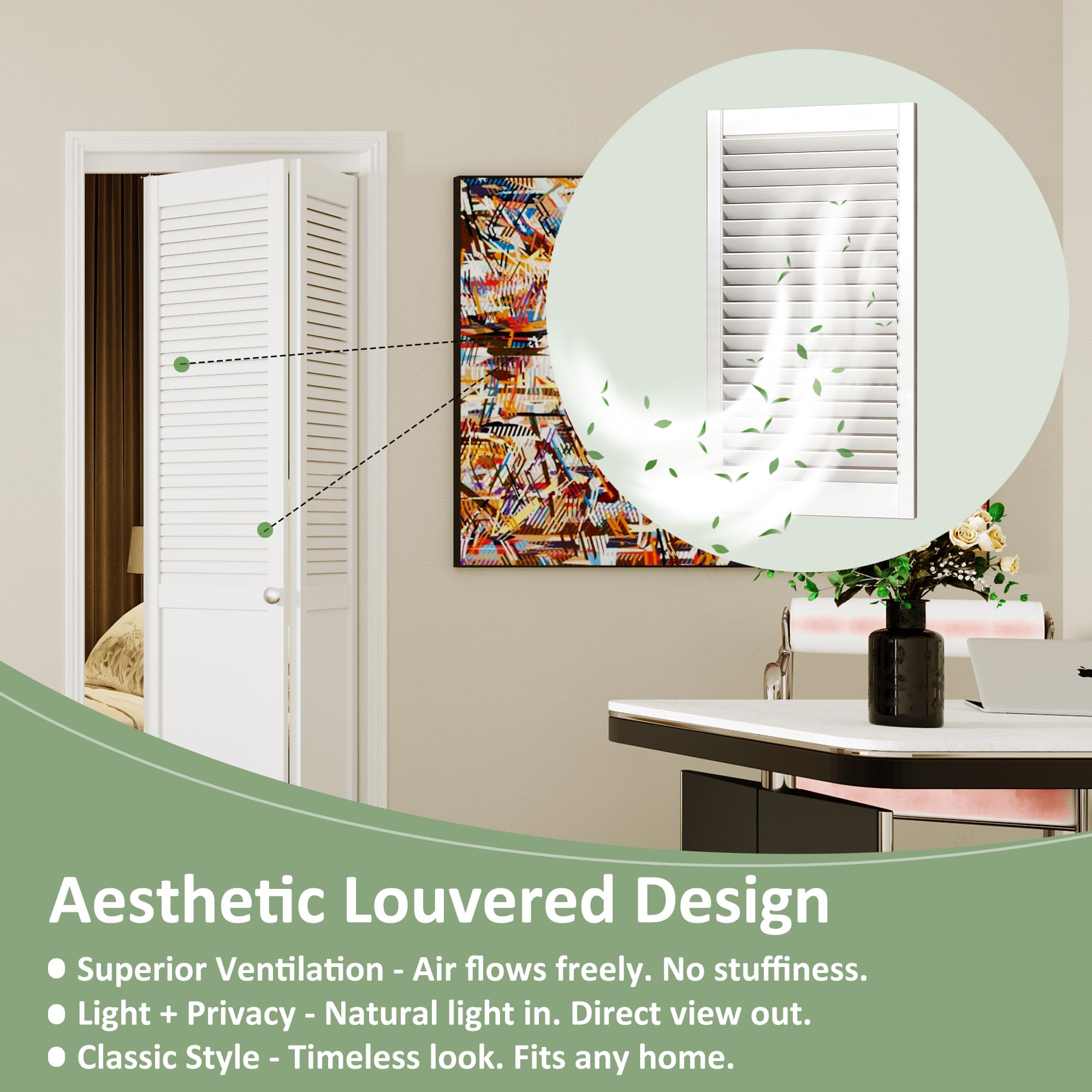 TENONER White MDF Half Louvered Bi-Fold Interior Door for Closet, Pantry, Laundry Room - Ventilation-Friendly with Hardware Kits
