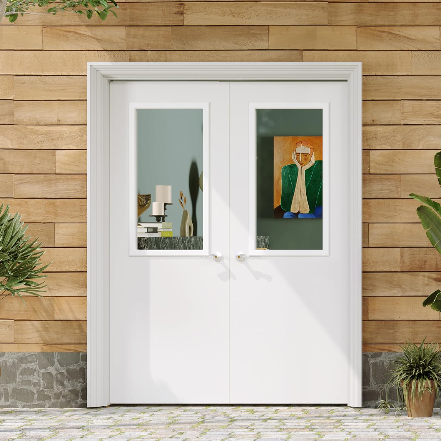 TENONER White Primed 1-Lite Clear Glass Universal Exterior Door without Large Pet Door, No Hinges or Handles