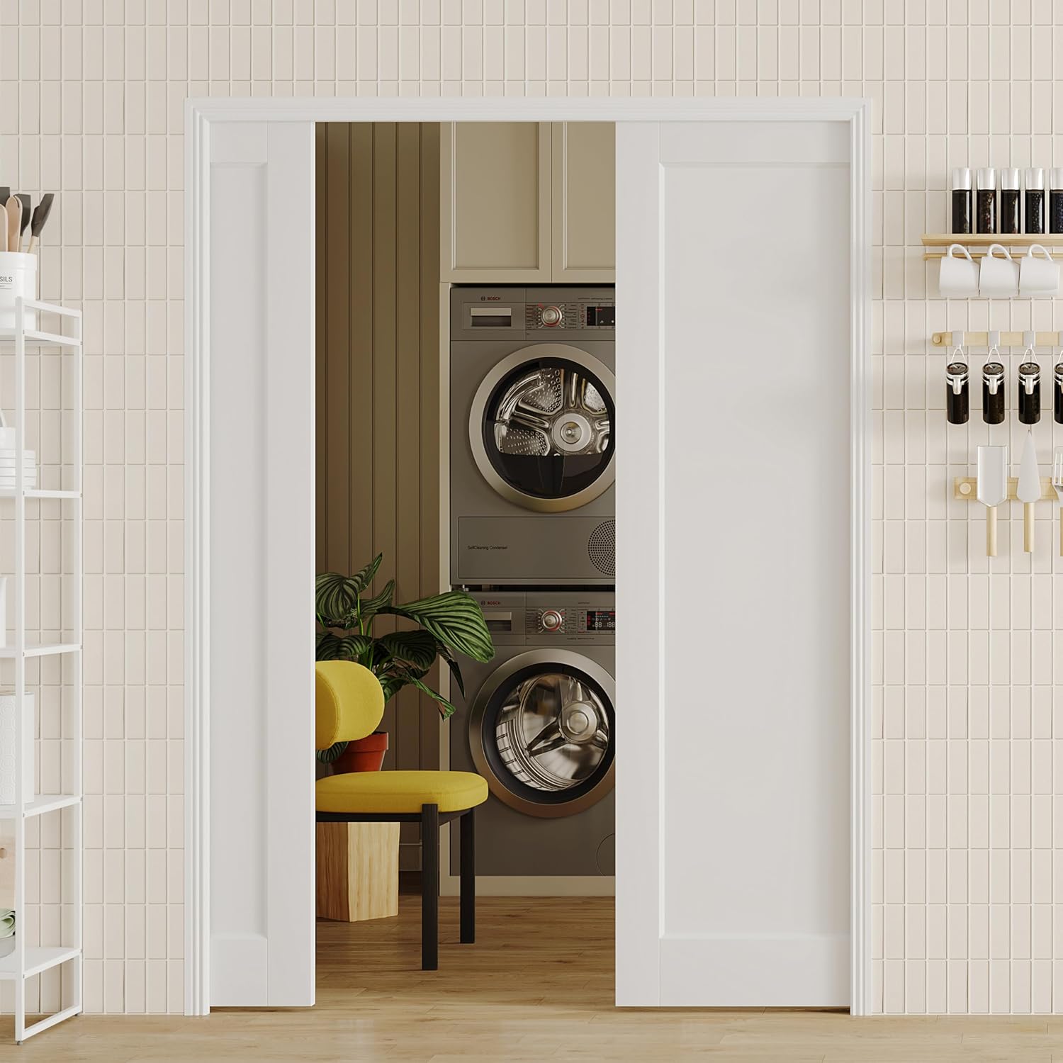 TENONER White Primed 1-Panel Core Sliding Pocket Door with Soft Close