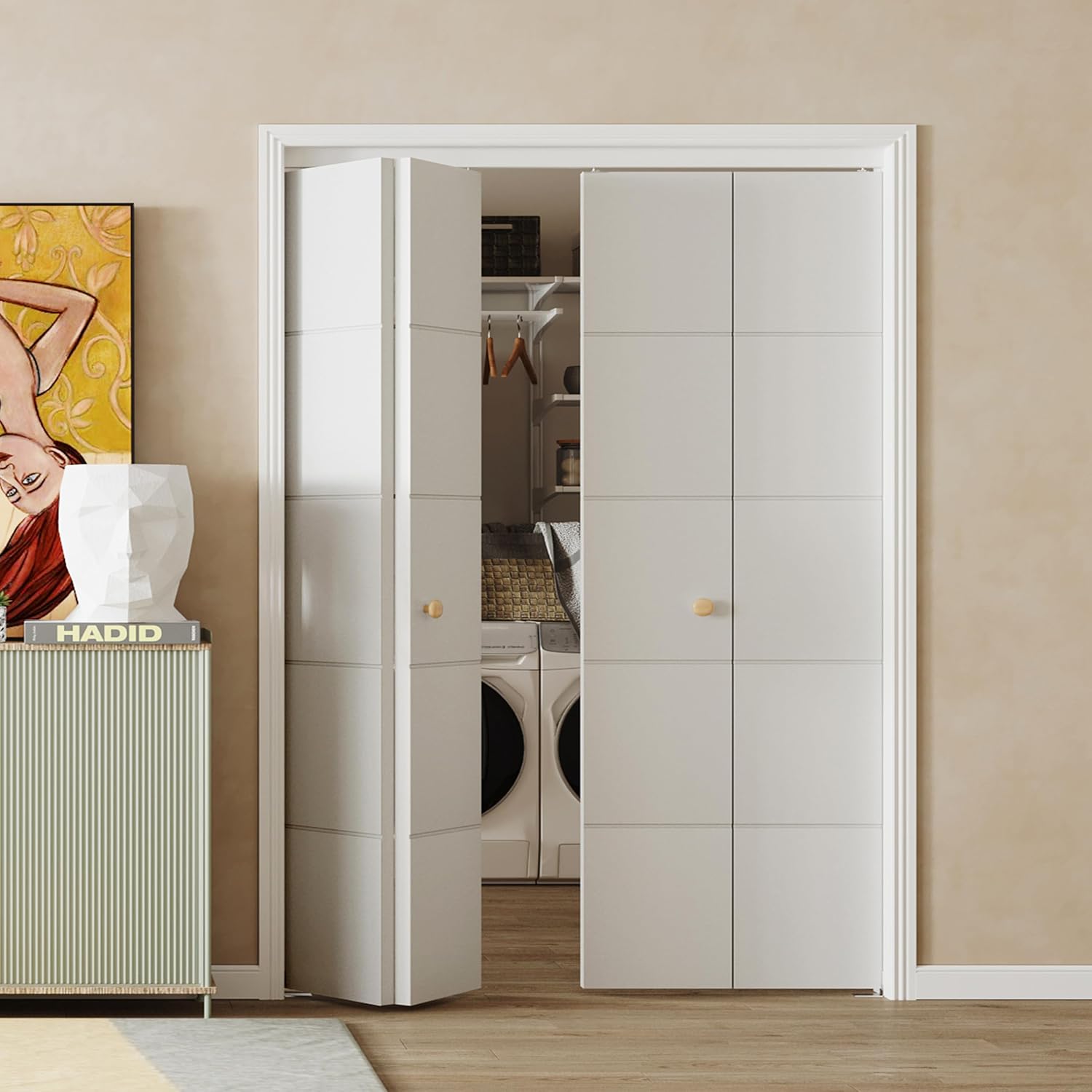 TENONER White Primed 5-Panel Hollow Core Bifold Door with Hardware Kits