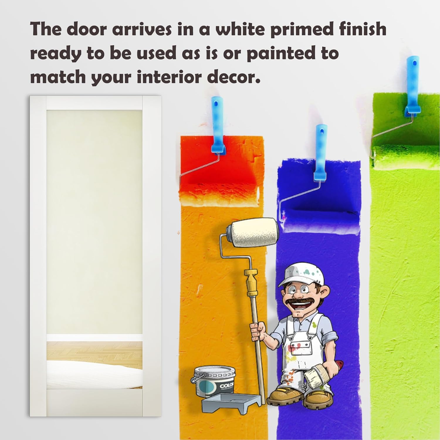TENONER White Primed Border 1-Lite Mirror Interior Sliding Pocket Door with Soft Close