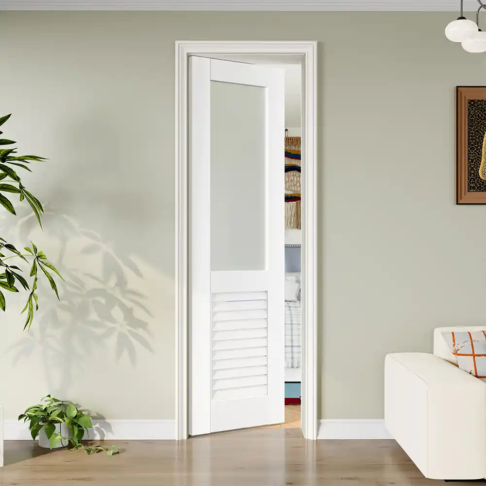 TENONER White Solid Core Frosted Glass Over Louver Interior Slab Door