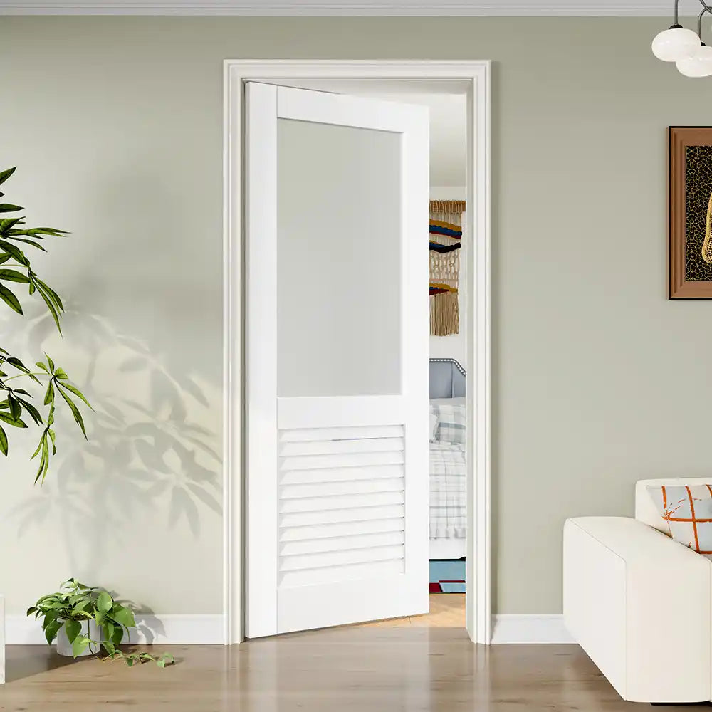 TENONER White Solid Core Frosted Glass Over Louver Interior Slab Door