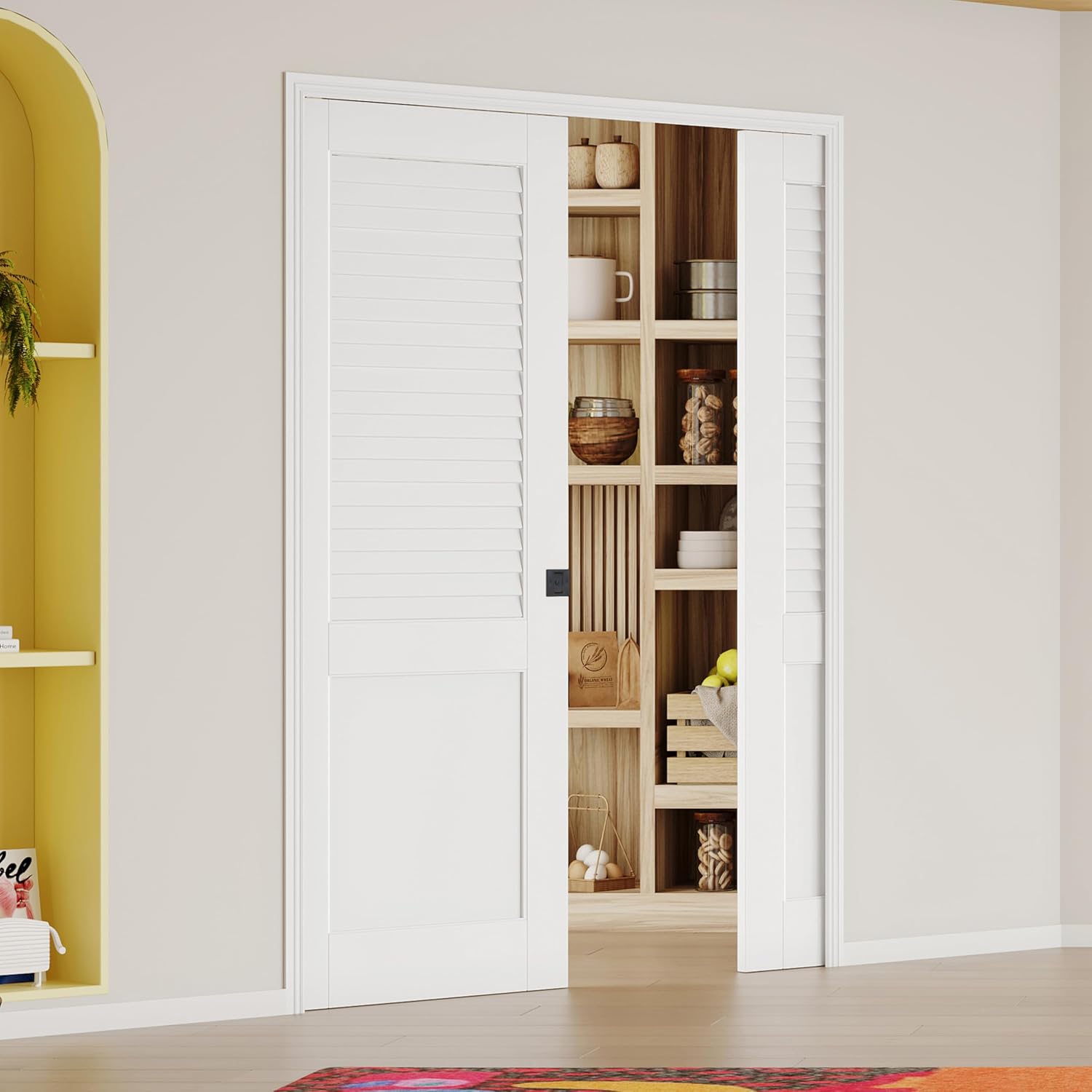 TENONER White Upper Half-Panel Louvered and Lower Half Core Interior Sliding Pocket Door