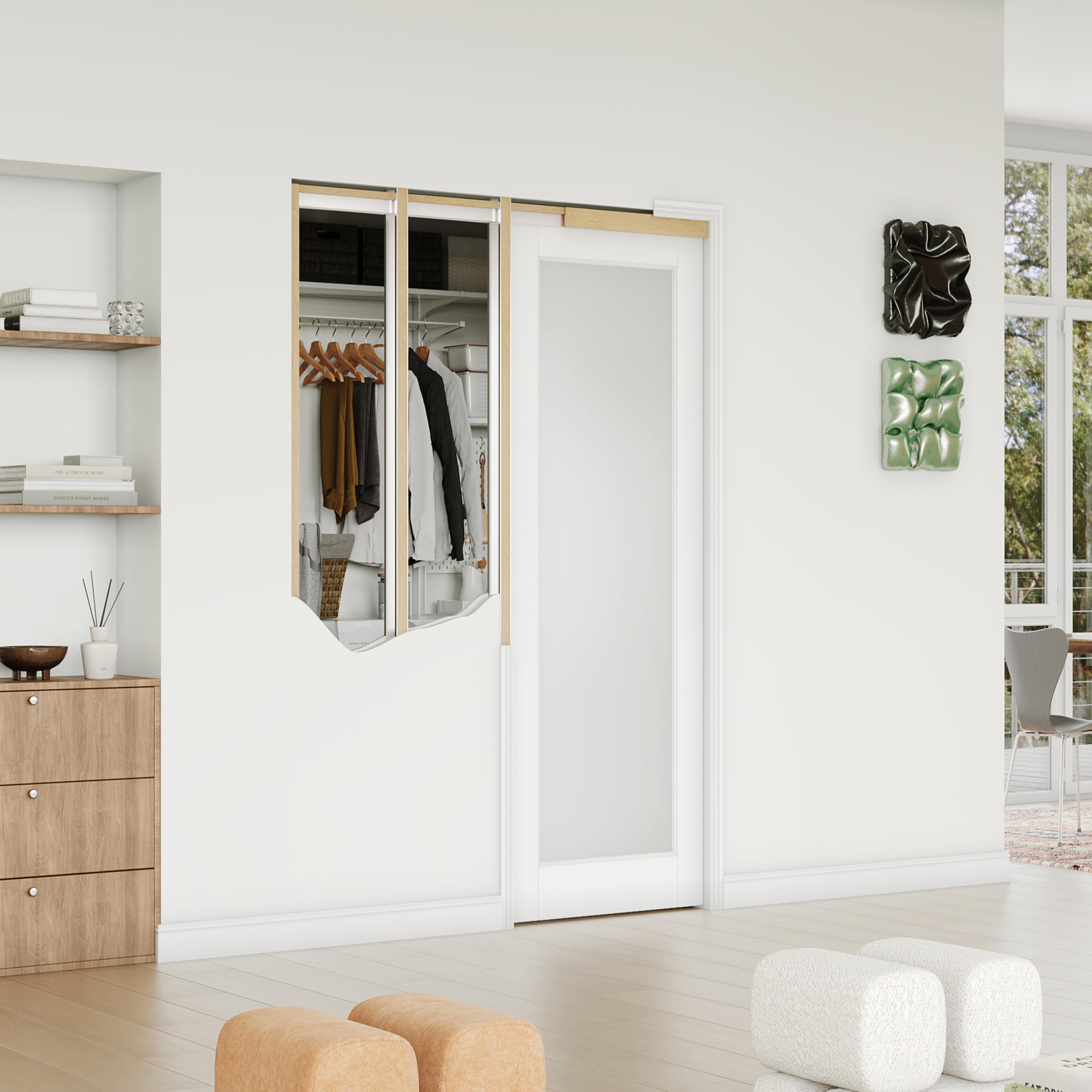 TENONER White  Border 1-Lite Frosted Glass Sliding Pocket Door with Hardware