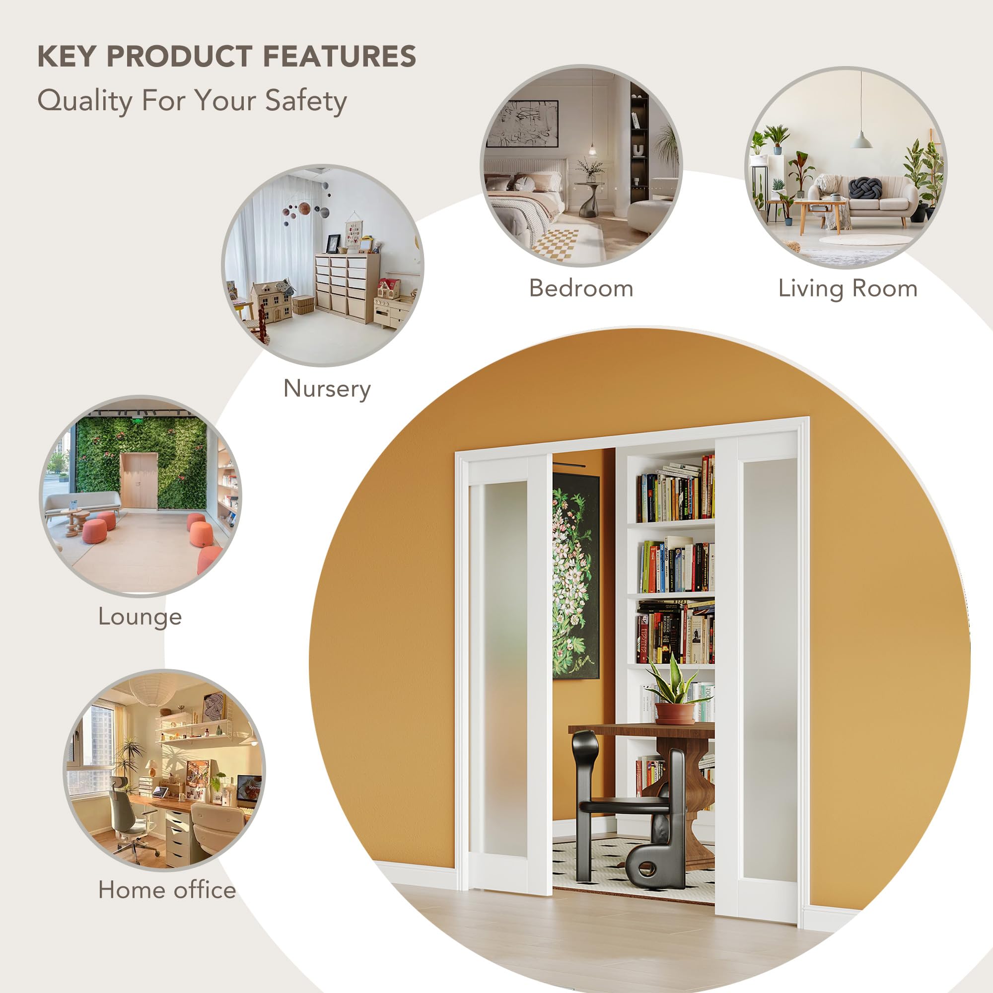 TENONER White  Border 1-Lite Frosted Glass Sliding Pocket Door with Hardware