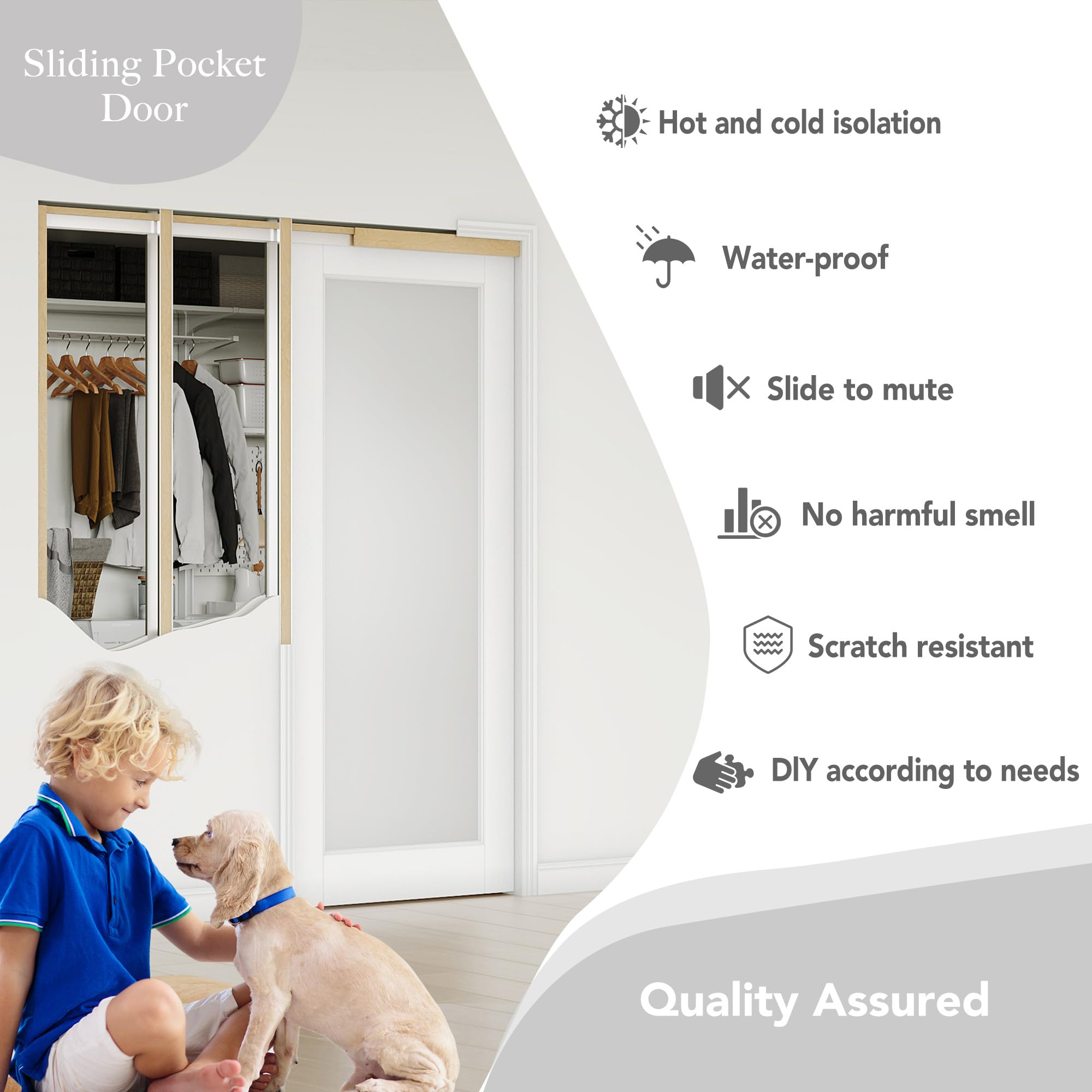 TENONER White  Border 1-Lite Frosted Glass Sliding Pocket Door with Hardware