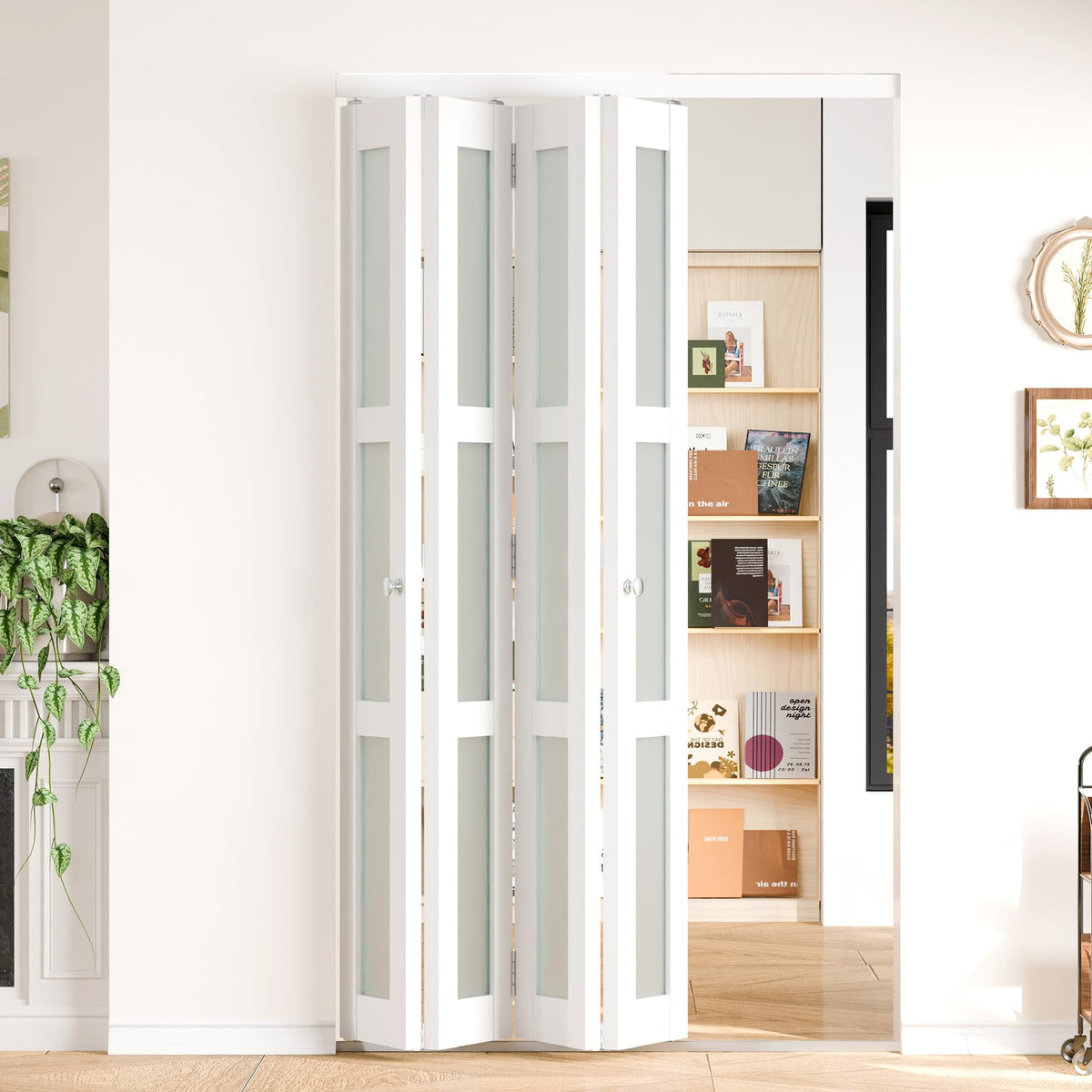White MDF PVC Covering 3-Lite Frosted Glass 4-Panel Bi-Fold Door for Closet, Laundry Room, Bathroom - Space-Saving
