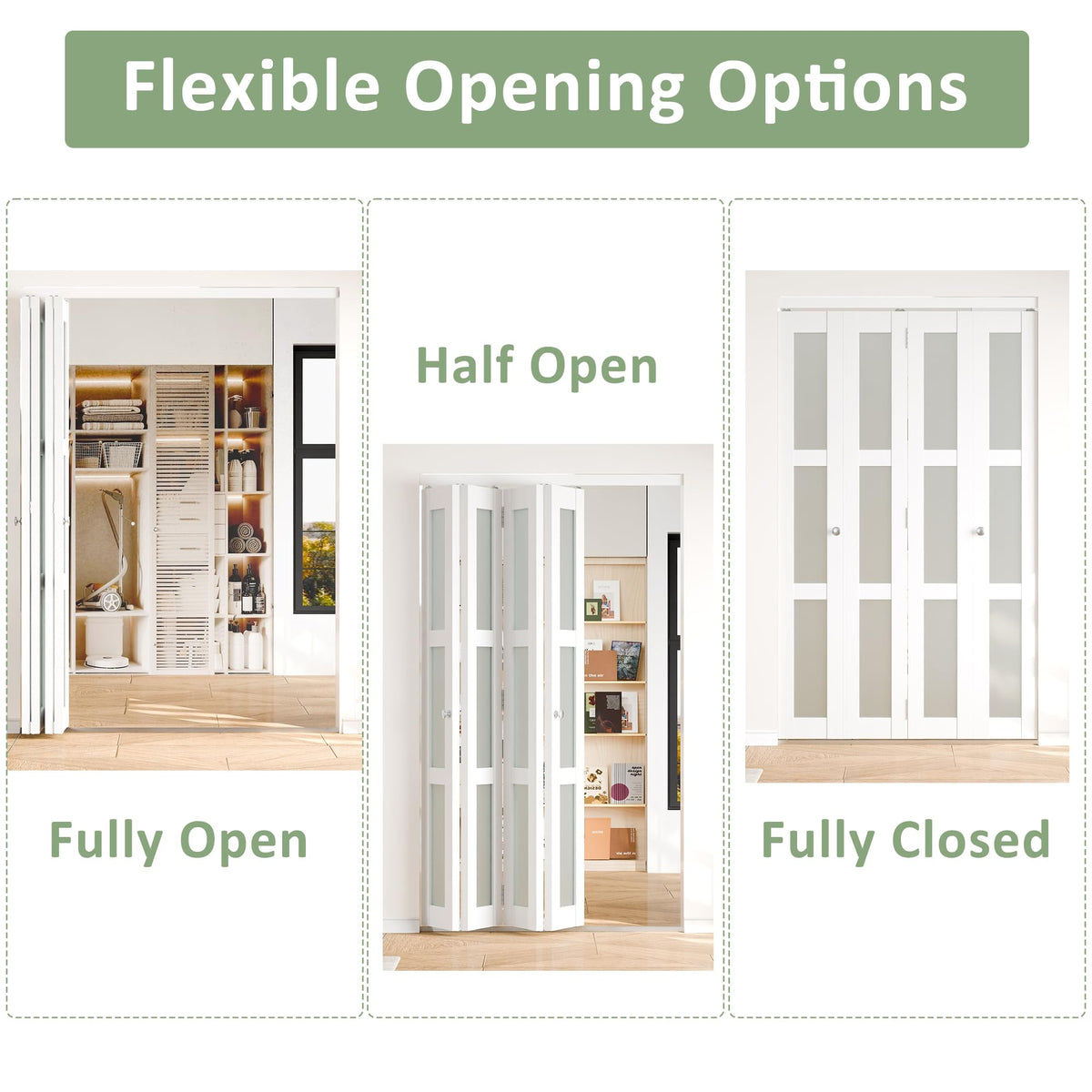 White MDF PVC Covering 3-Lite Frosted Glass 4-Panel Bi-Fold Door for Closet, Laundry Room, Bathroom - Space-Saving