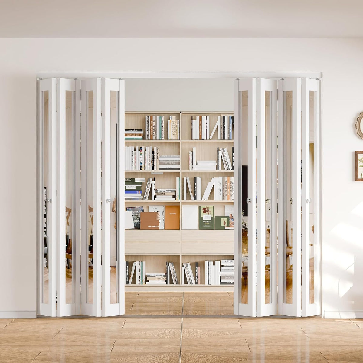 White MDF PVC Covering Full Light Mirrored 4-Panel Bi-Fold Door for Closet, Laundry Room, Bathroom - Space-Saving